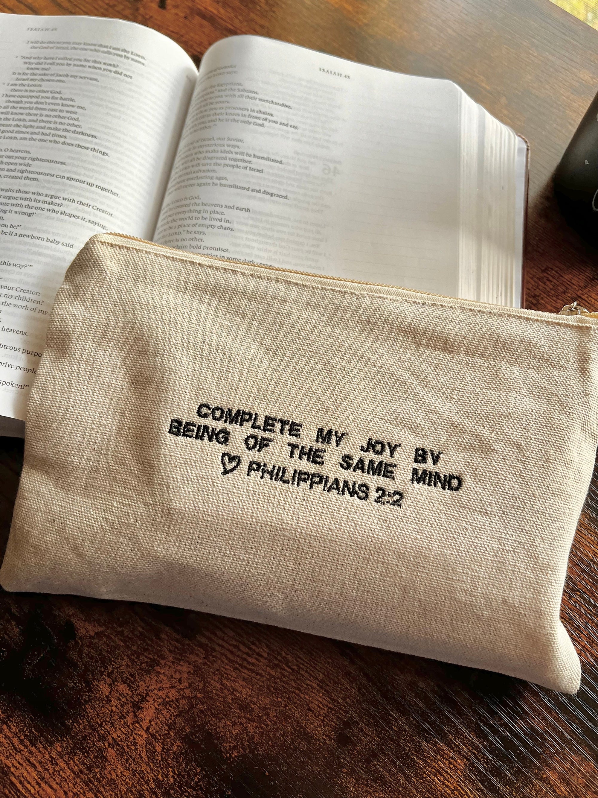 "Complete my Joy" Zippered Canvas Pouch - Philippians 2:2