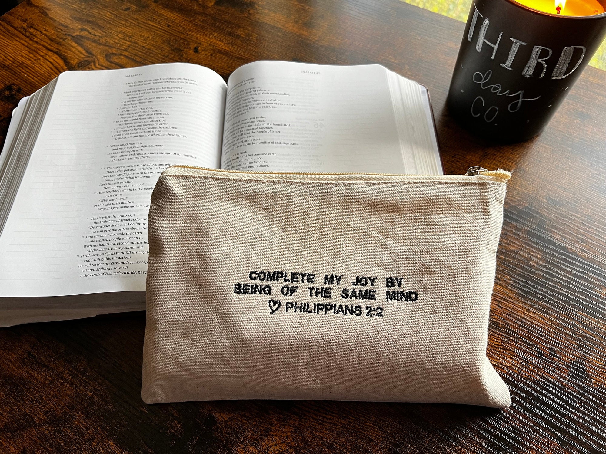"Complete my Joy" Zippered Canvas Pouch - Philippians 2:2