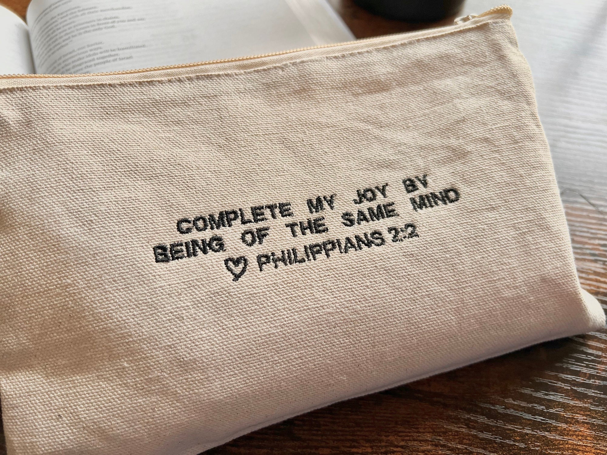 "Complete my Joy" Zippered Canvas Pouch - Philippians 2:2