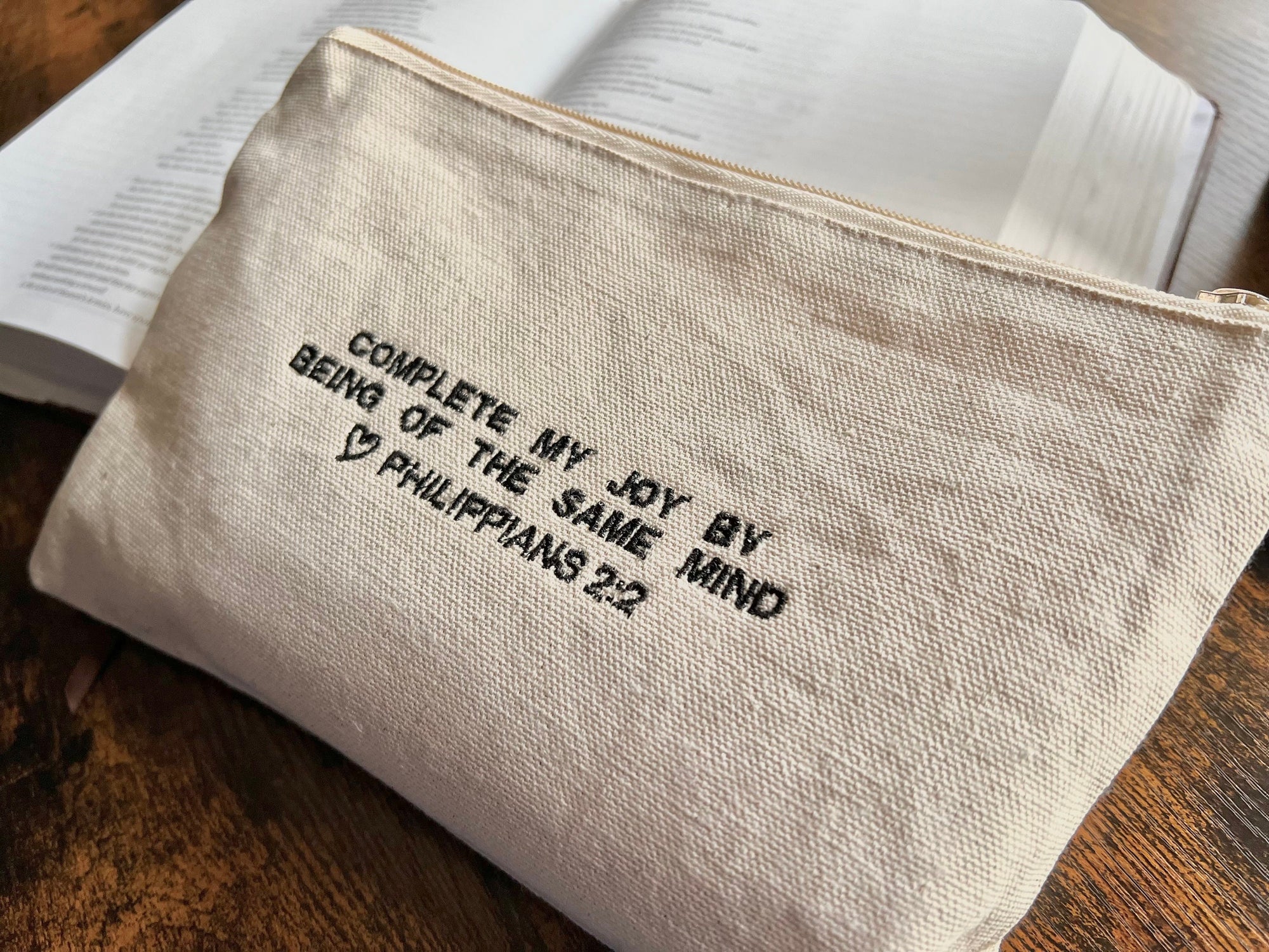 "Complete my Joy" Zippered Canvas Pouch - Philippians 2:2