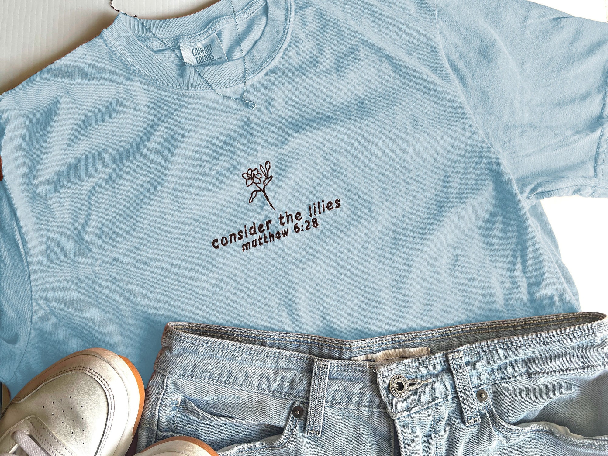 “Consider the Lilies” Comfort Colors T-Shirt - Chambray