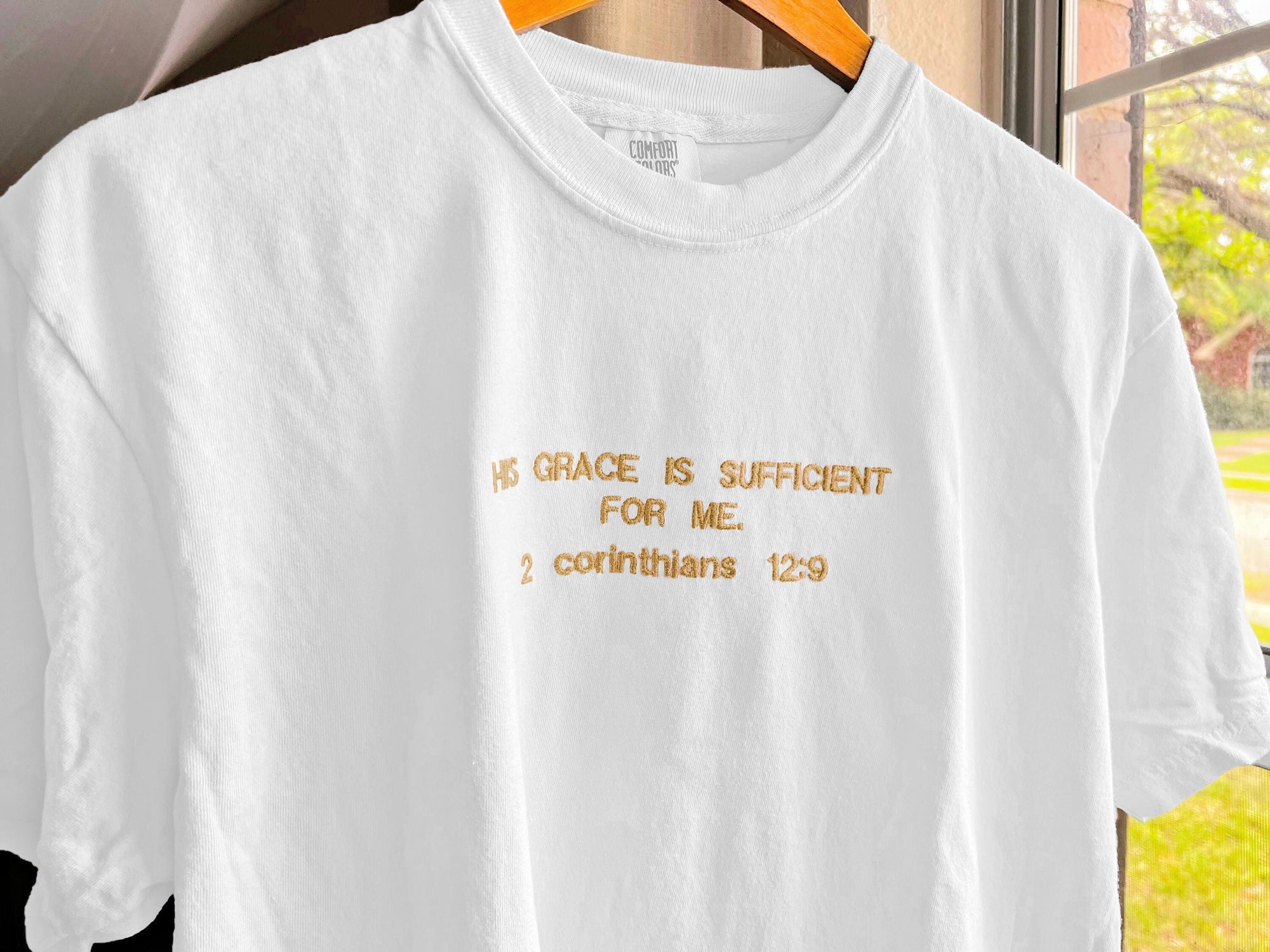 Embroidered “His Grace Is Sufficient for Me” Comfort Colors T-Shirt