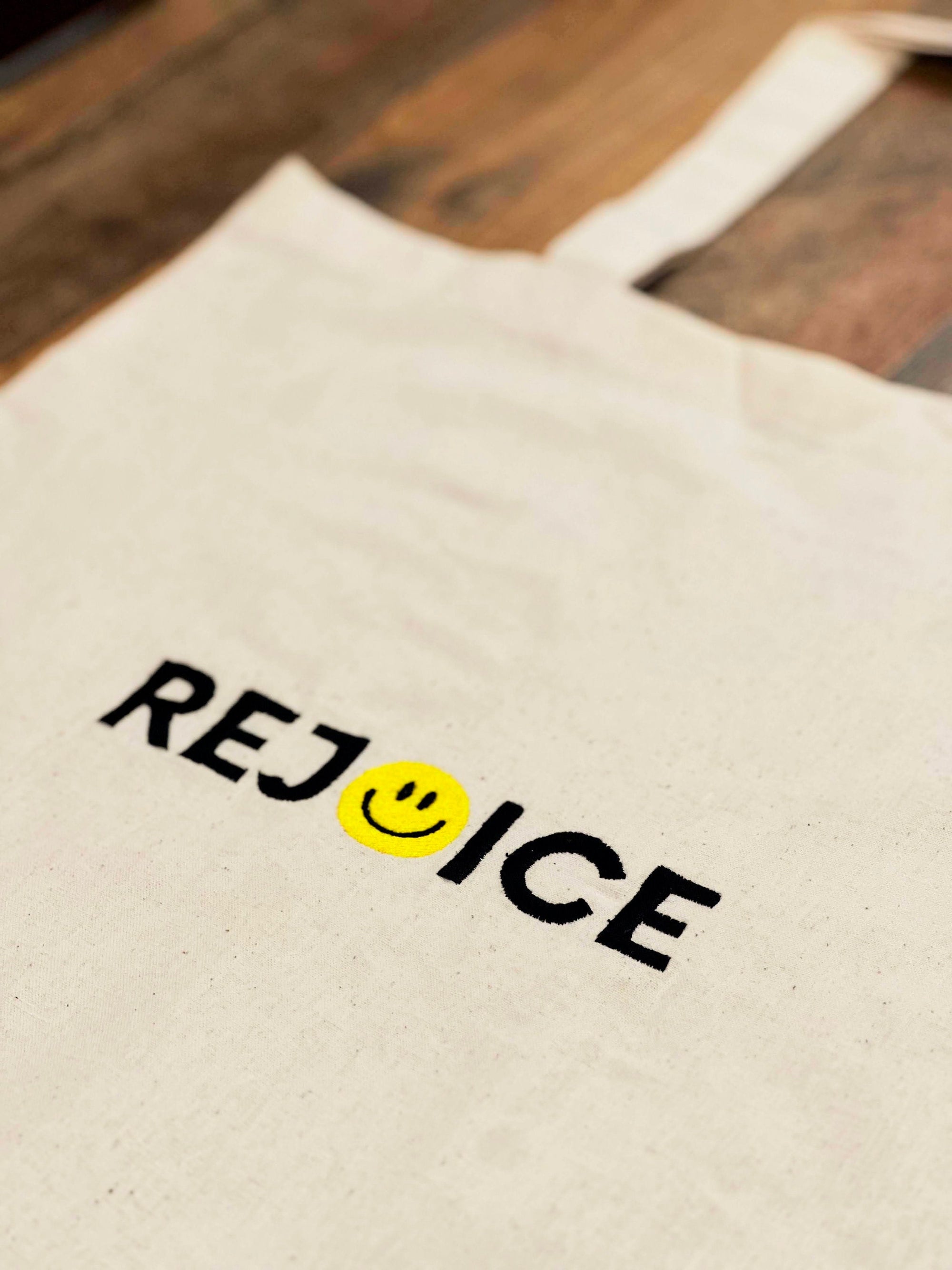 “Rejoice” Smiley Face Tote Bag