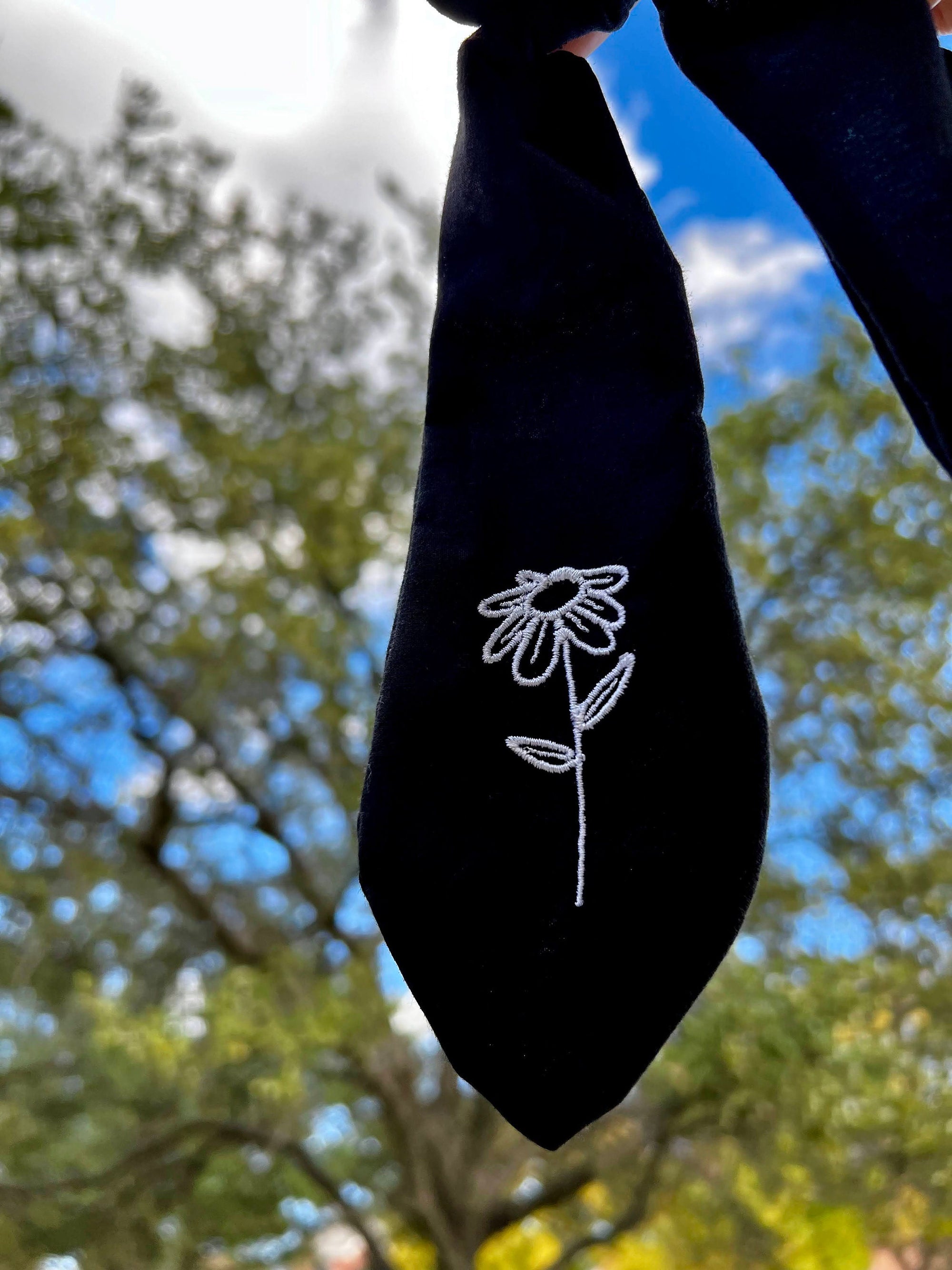 Black Scrunchie with Embroidered Flower Tail
