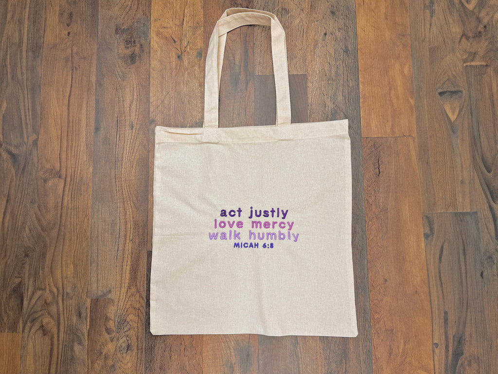 “Act Justly, Love Mercy, Walk Humbly” Tote Bag | Purple Haze Edition
