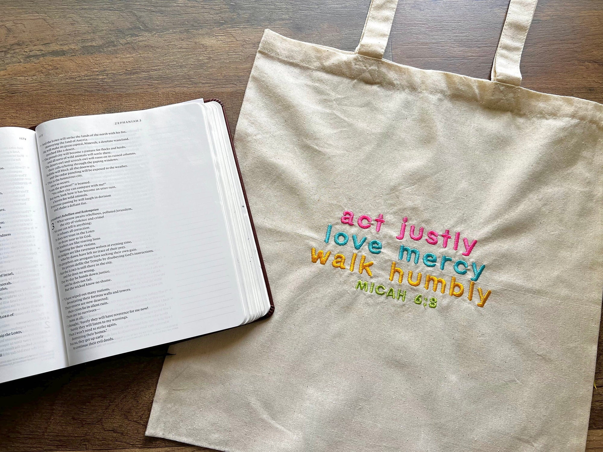 “Act Justly, Love Mercy, Walk Humbly” Tote Bag | Bright & Bold Edition