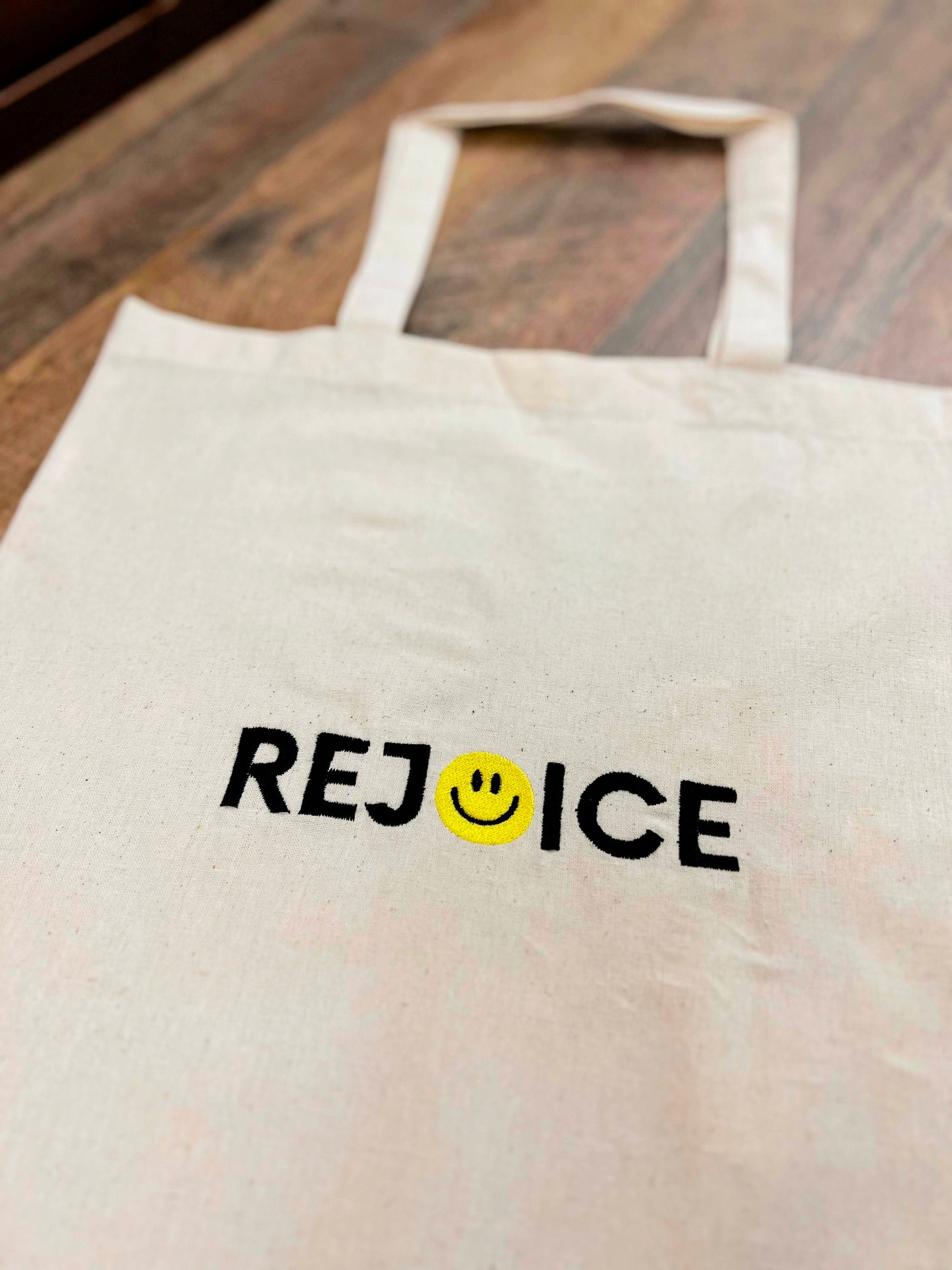 “Rejoice” Smiley Face Tote Bag