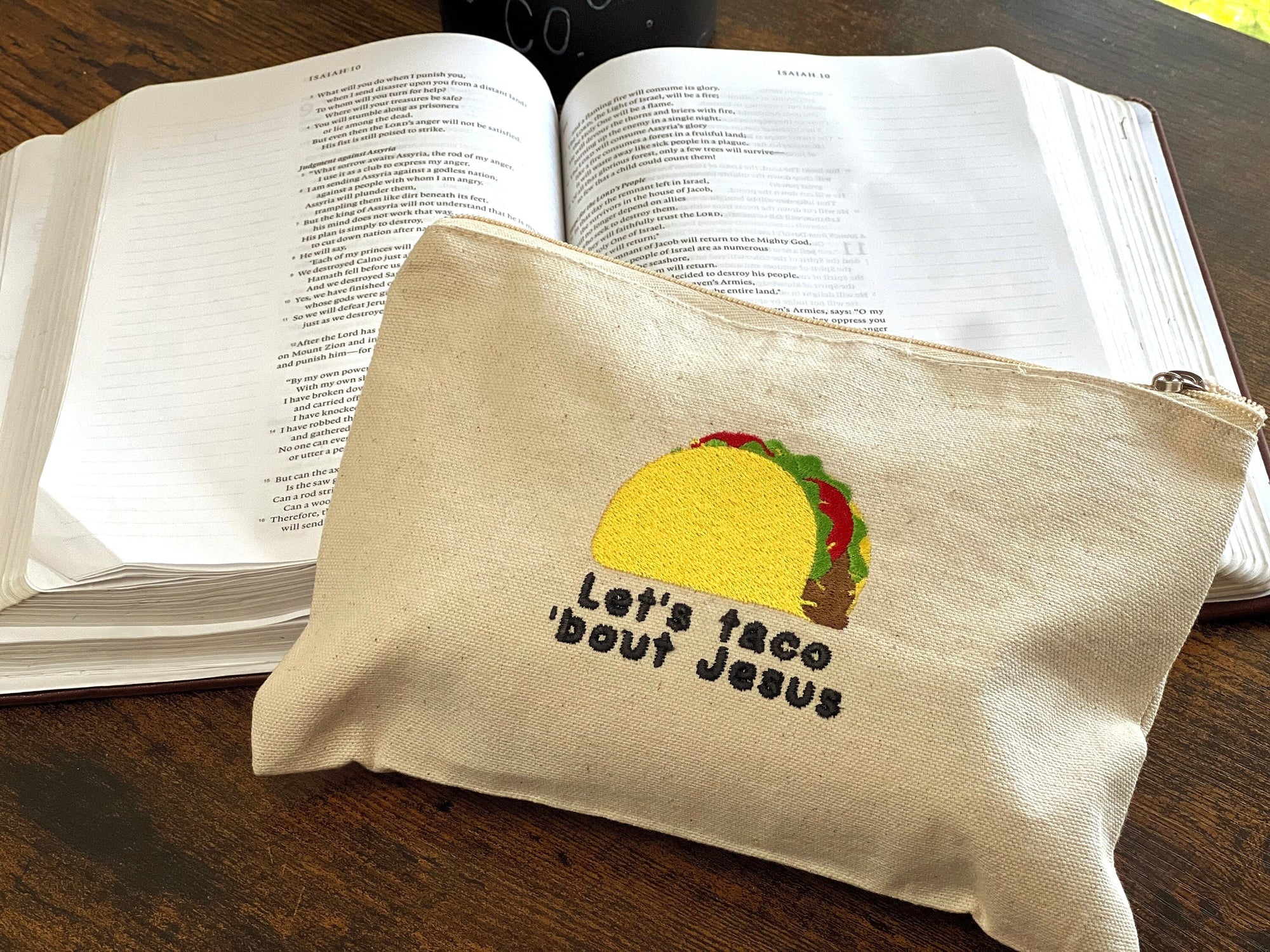 "Let’s Taco ’Bout Jesus" Embroidered Zippered Canvas Pouch