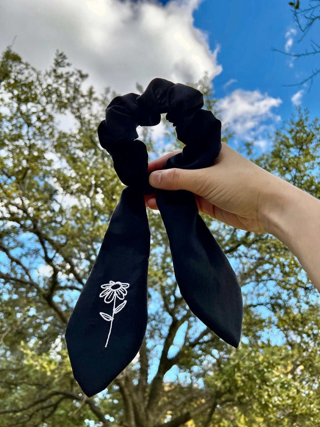 Black Scrunchie with Embroidered Flower Tail