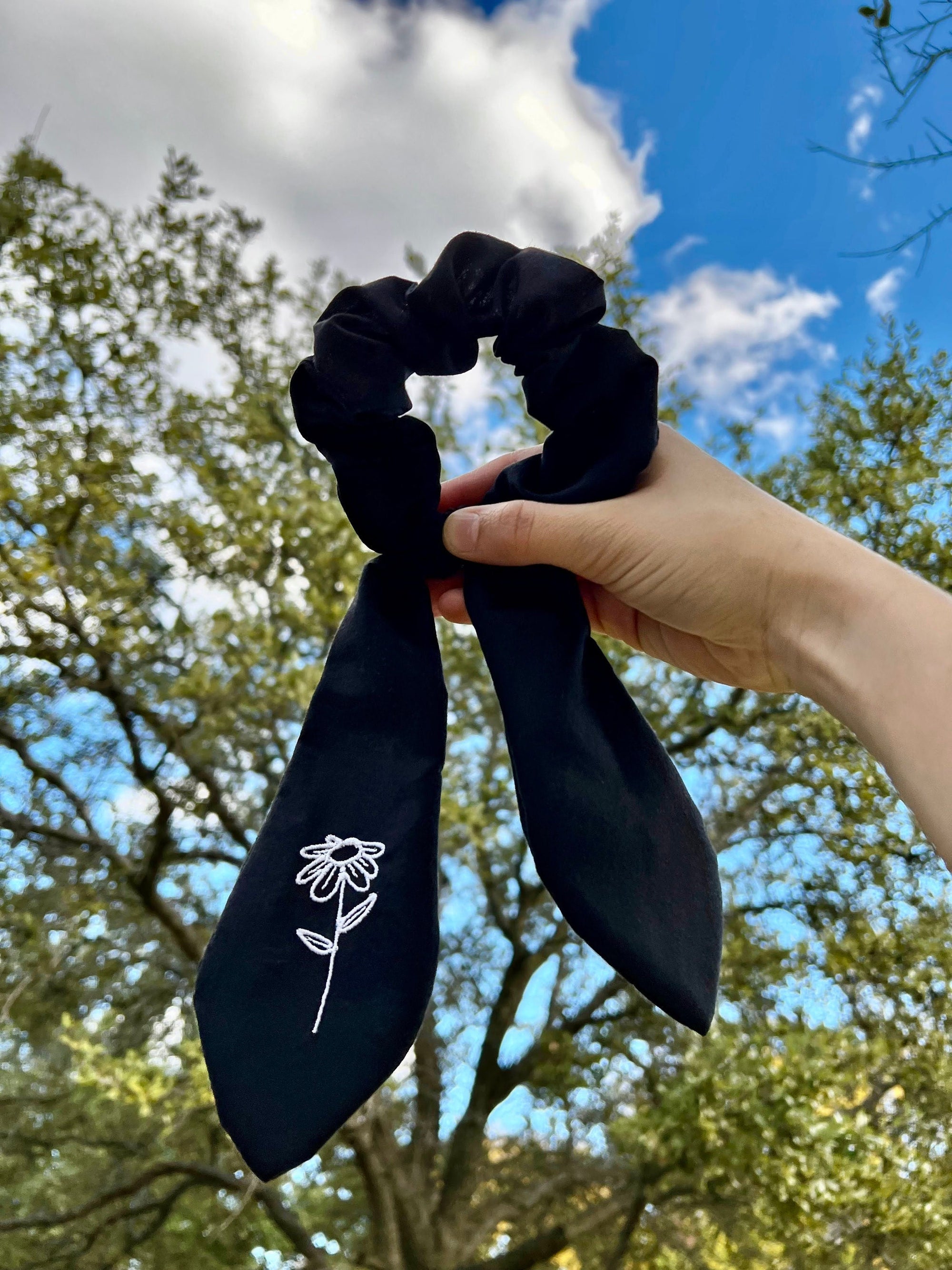 Black Scrunchie with Embroidered Flower Tail