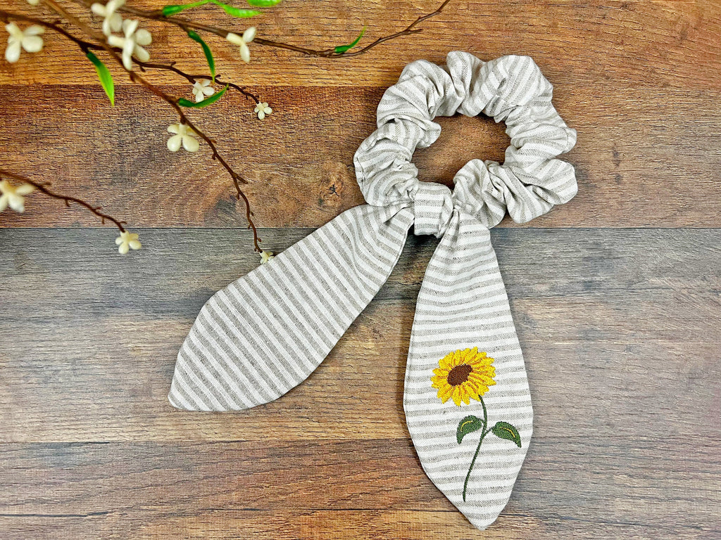 Embroidered Sunflower Hair Bow | Linen Scrunchie