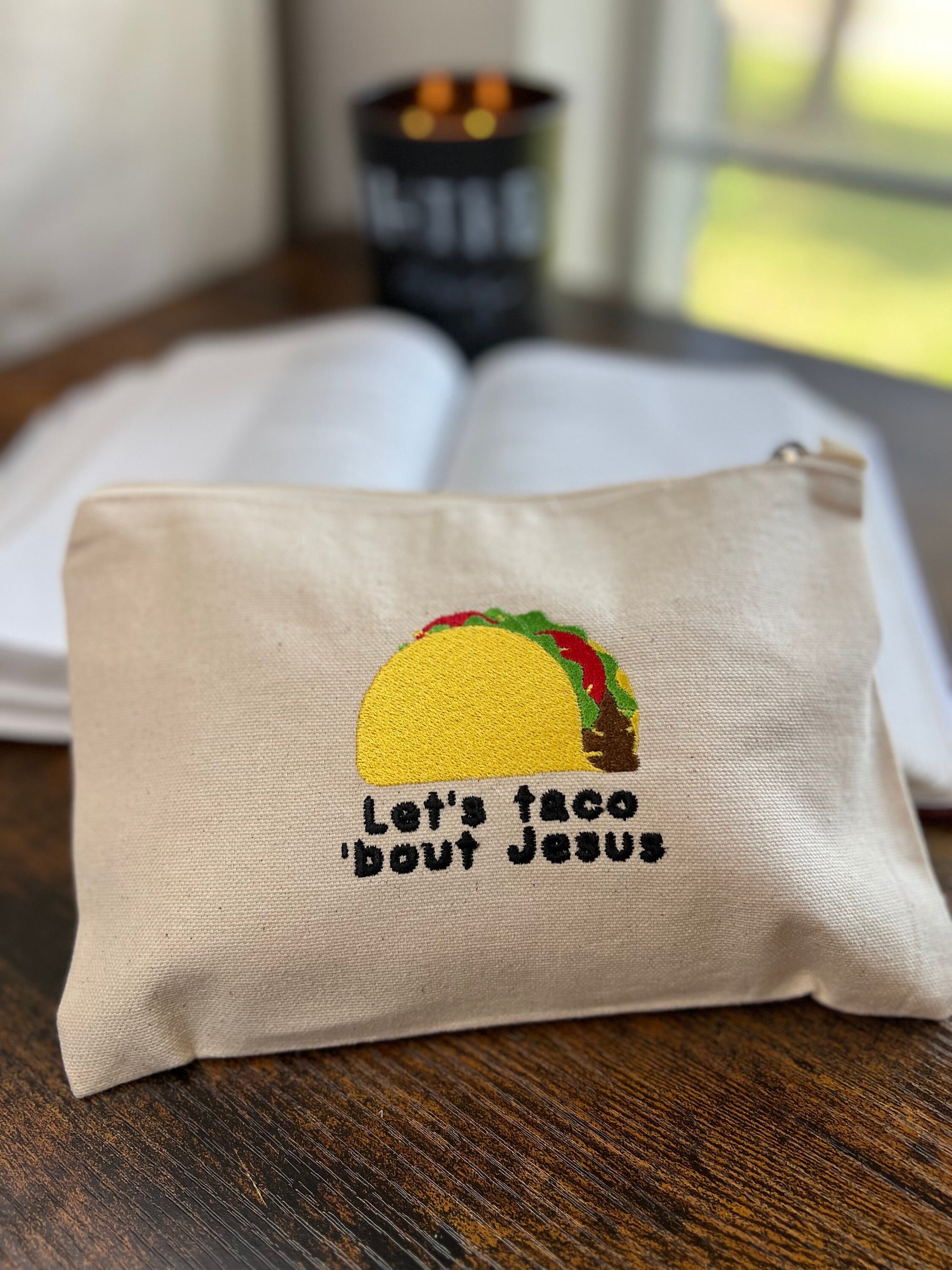 "Let’s Taco ’Bout Jesus" Embroidered Zippered Canvas Pouch