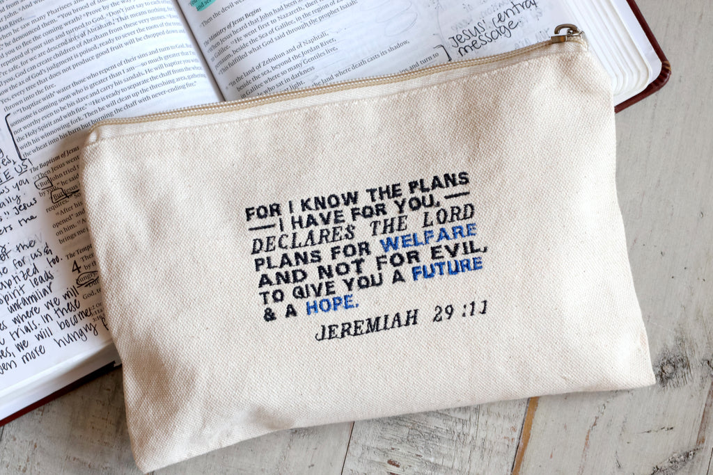 Jeremiah 29:11 zipper pouch with For I Know the Plans I Have for You in black and blue text, beige 100% cotton canvas Christian gift