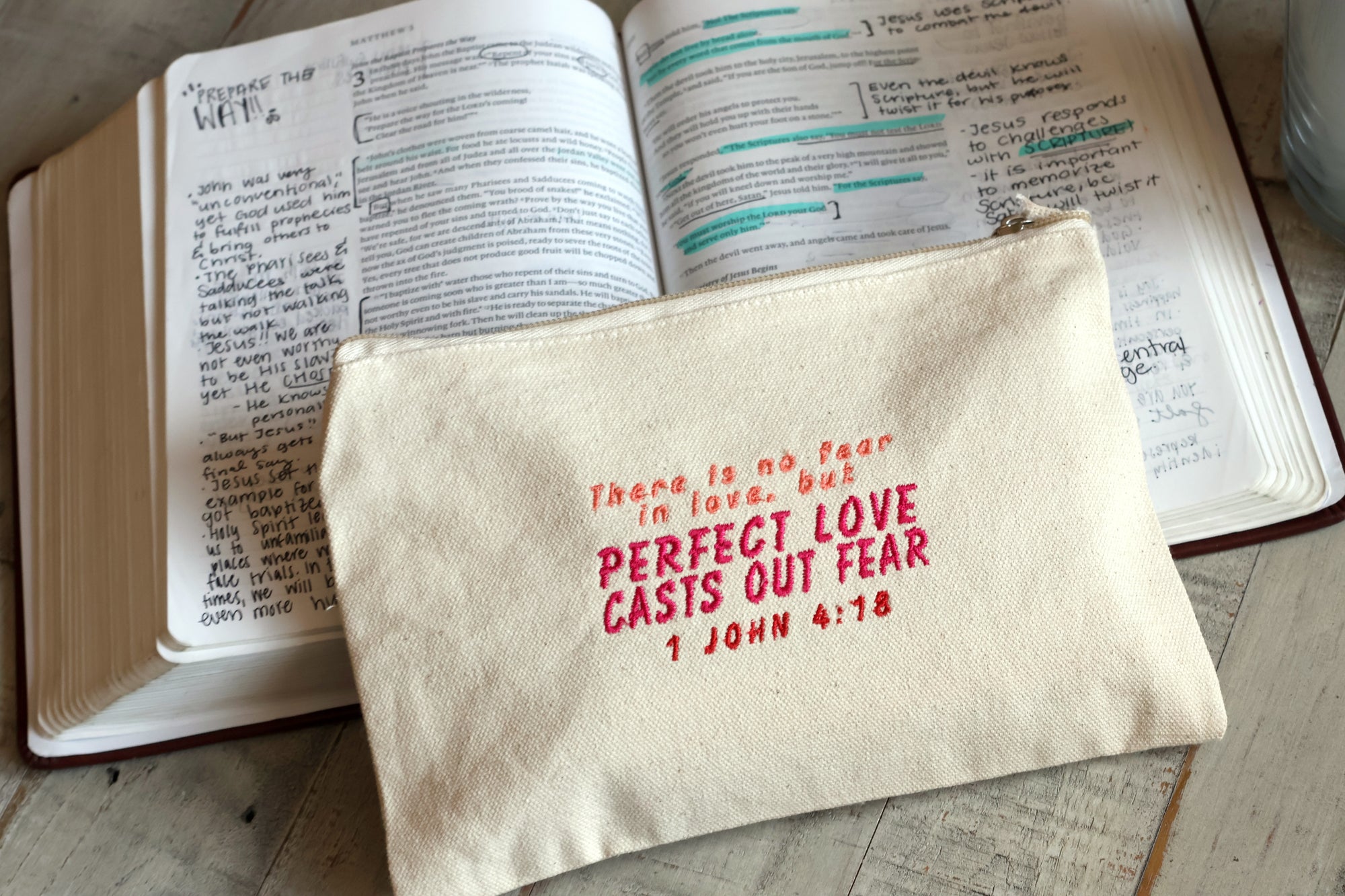 "Perfect Love Casts Out Fear" 1 John 4:18 Zippered Canvas Pouch