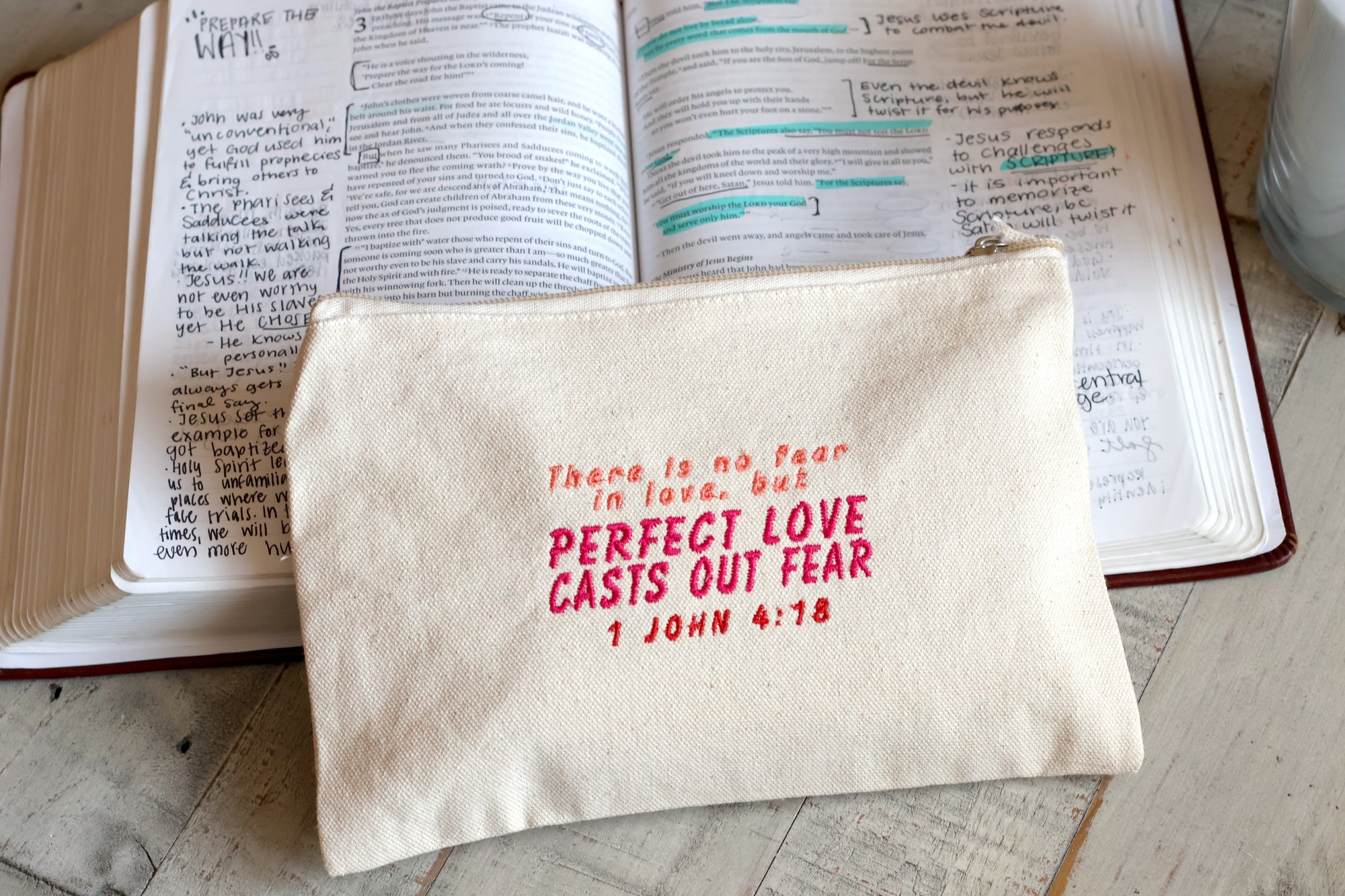 Perfect Love Casts Out Fear zipper pouch with 1 John 4:18 in pink text, beige 100% cotton canvas Christian gift for women
