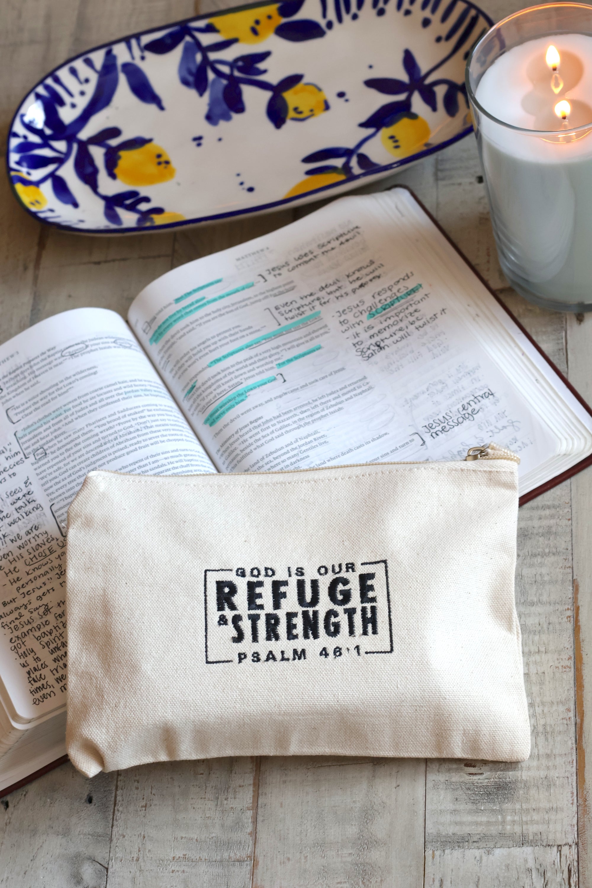 "God is our Refuge & Strength" Psalm 46 Zippered Canvas Pouch