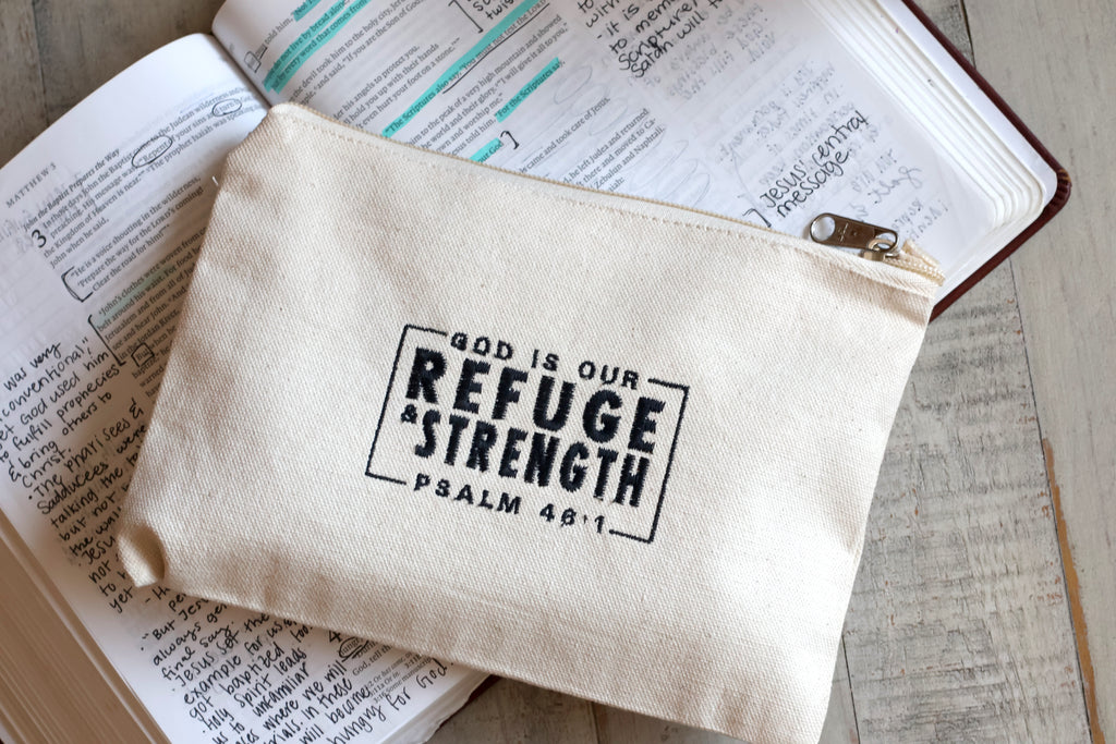God Is Our Refuge and Strength zipper pouch with Psalm 46:1, beige 100% cotton canvas Christian gift for women