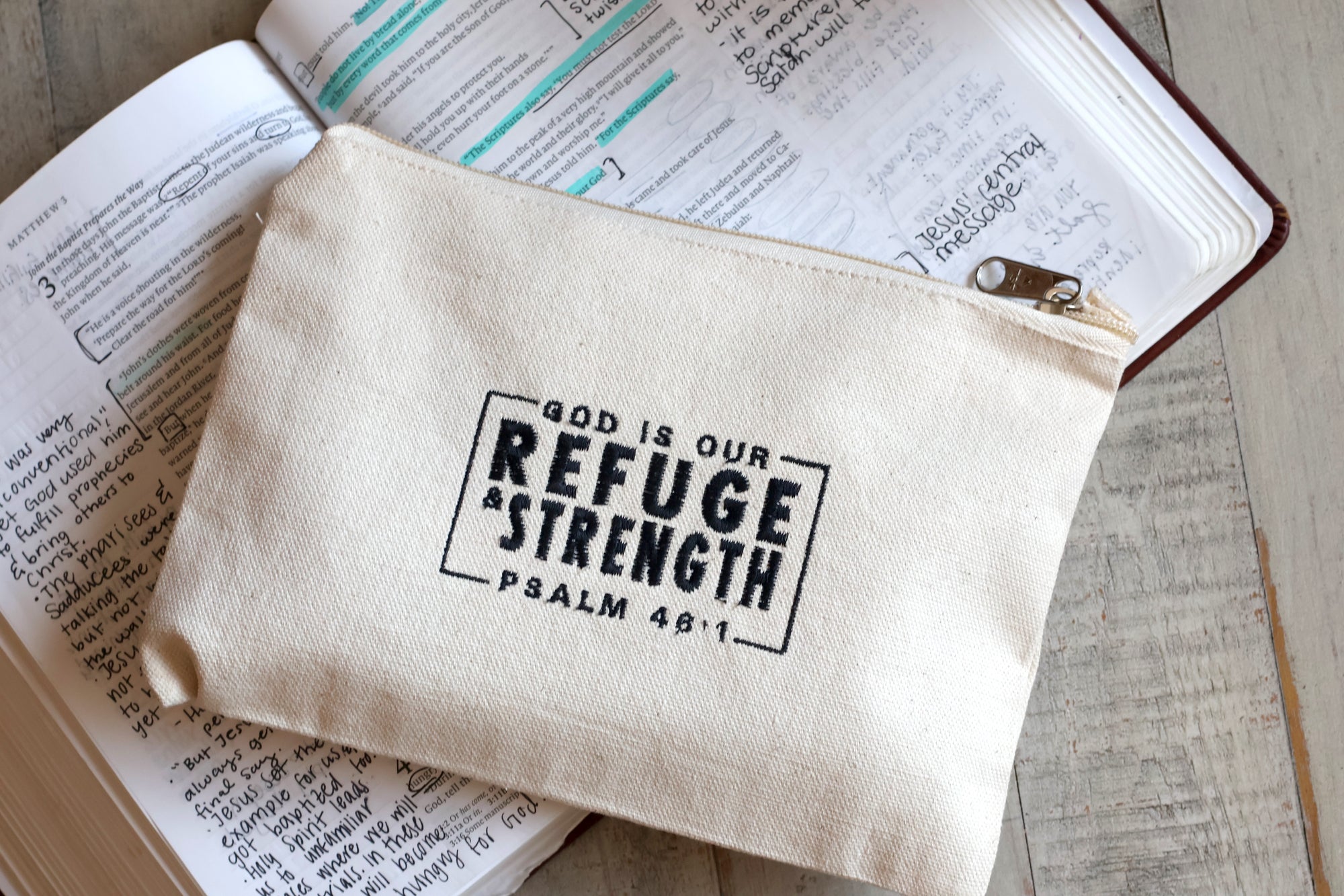 God Is Our Refuge and Strength zipper pouch with Psalm 46:1, beige 100% cotton canvas Christian gift for women