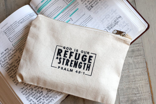 God Is Our Refuge and Strength zipper pouch with Psalm 46:1, beige 100% cotton canvas Christian gift for women