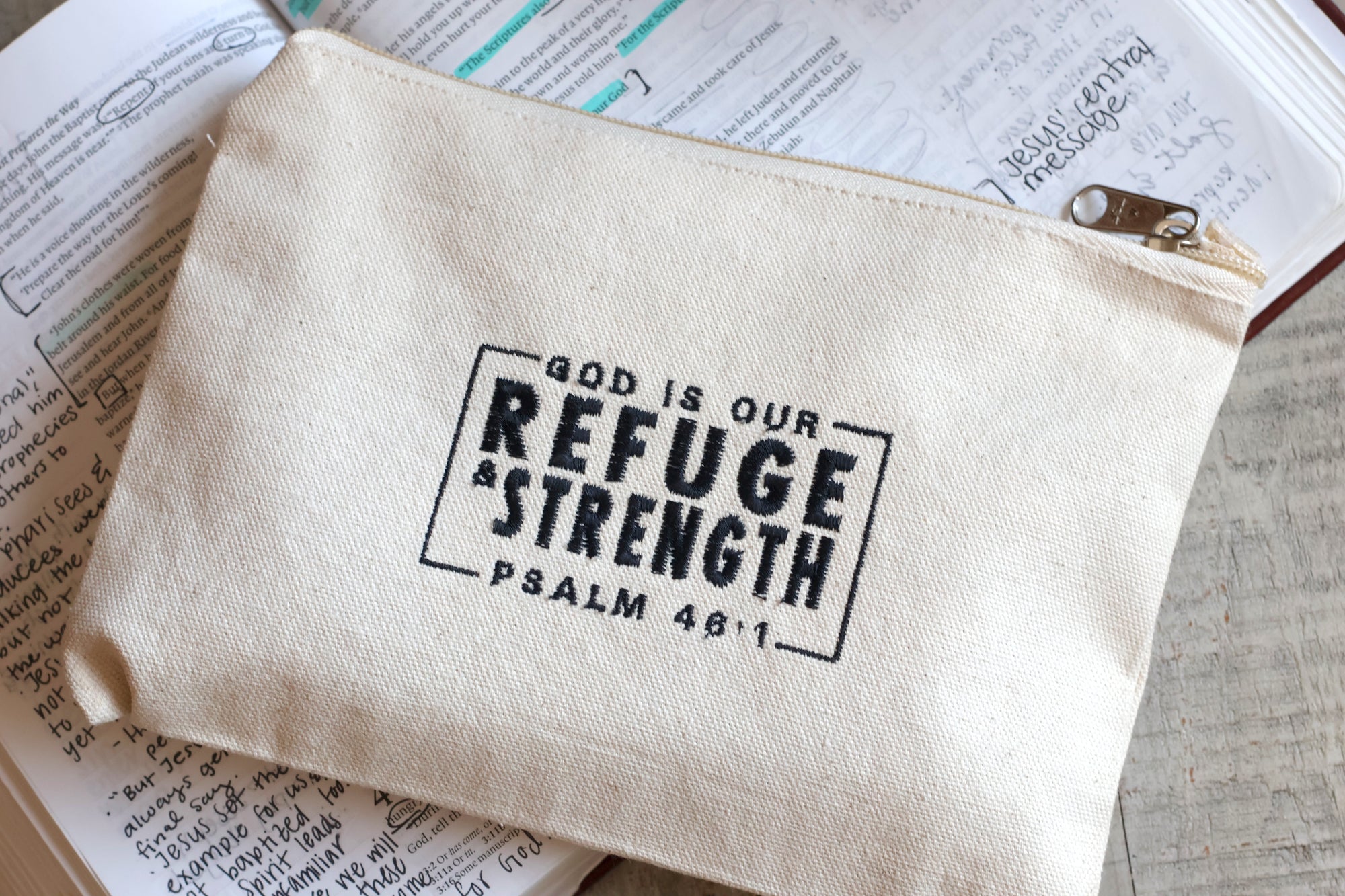 "God is our Refuge & Strength" Psalm 46 Zippered Canvas Pouch