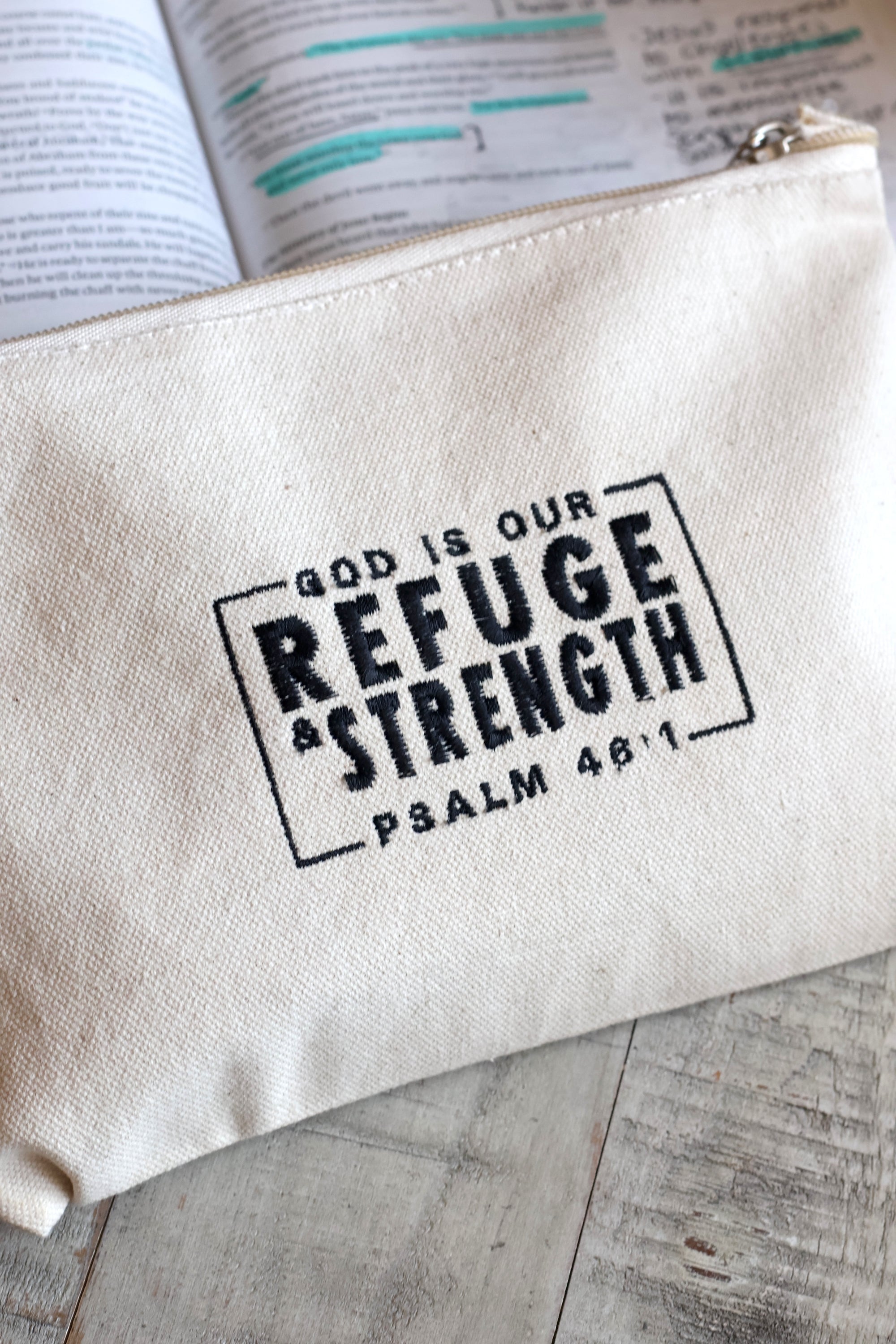 "God is our Refuge & Strength" Psalm 46 Zippered Canvas Pouch
