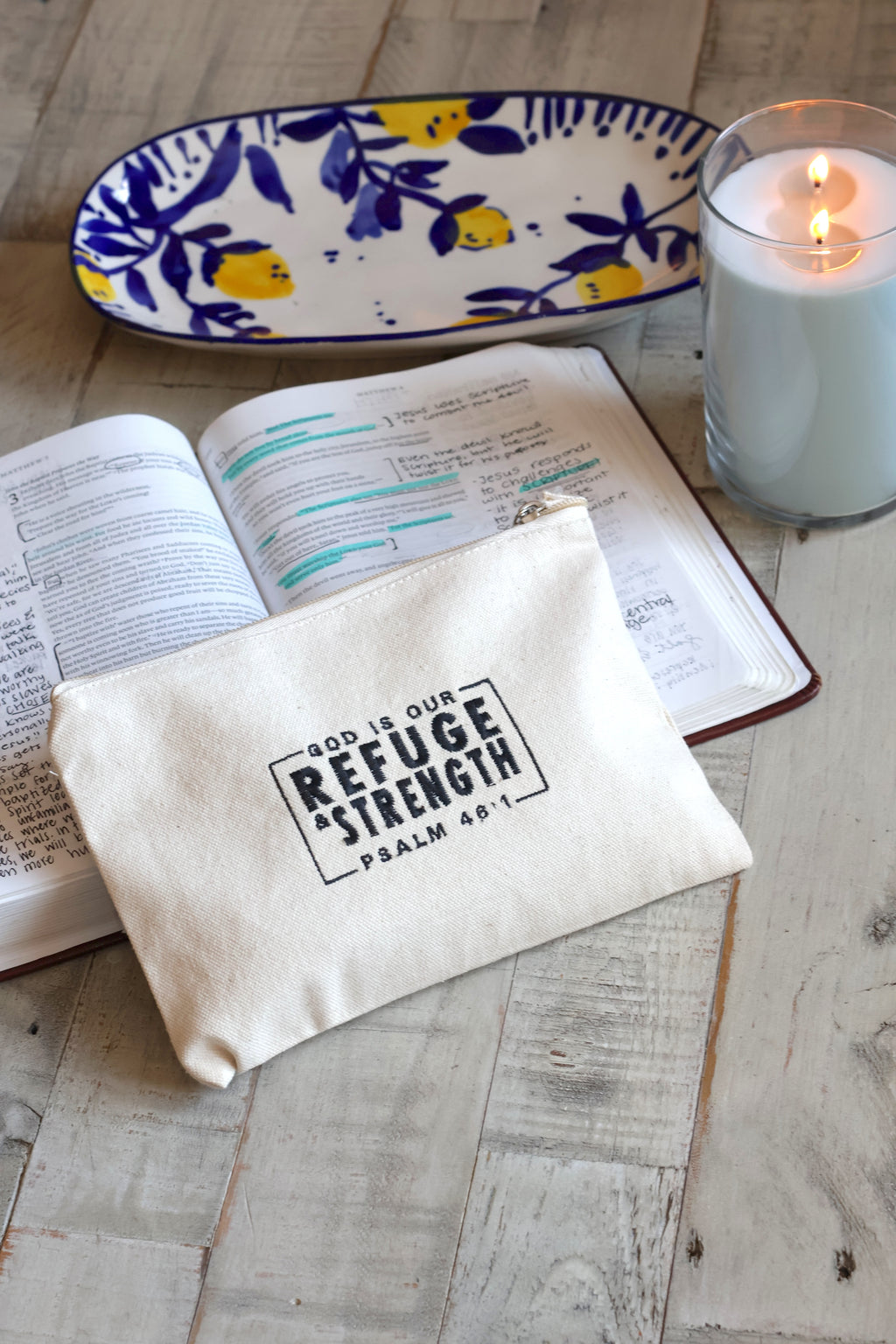 "God is our Refuge & Strength" Psalm 46 Zippered Canvas Pouch
