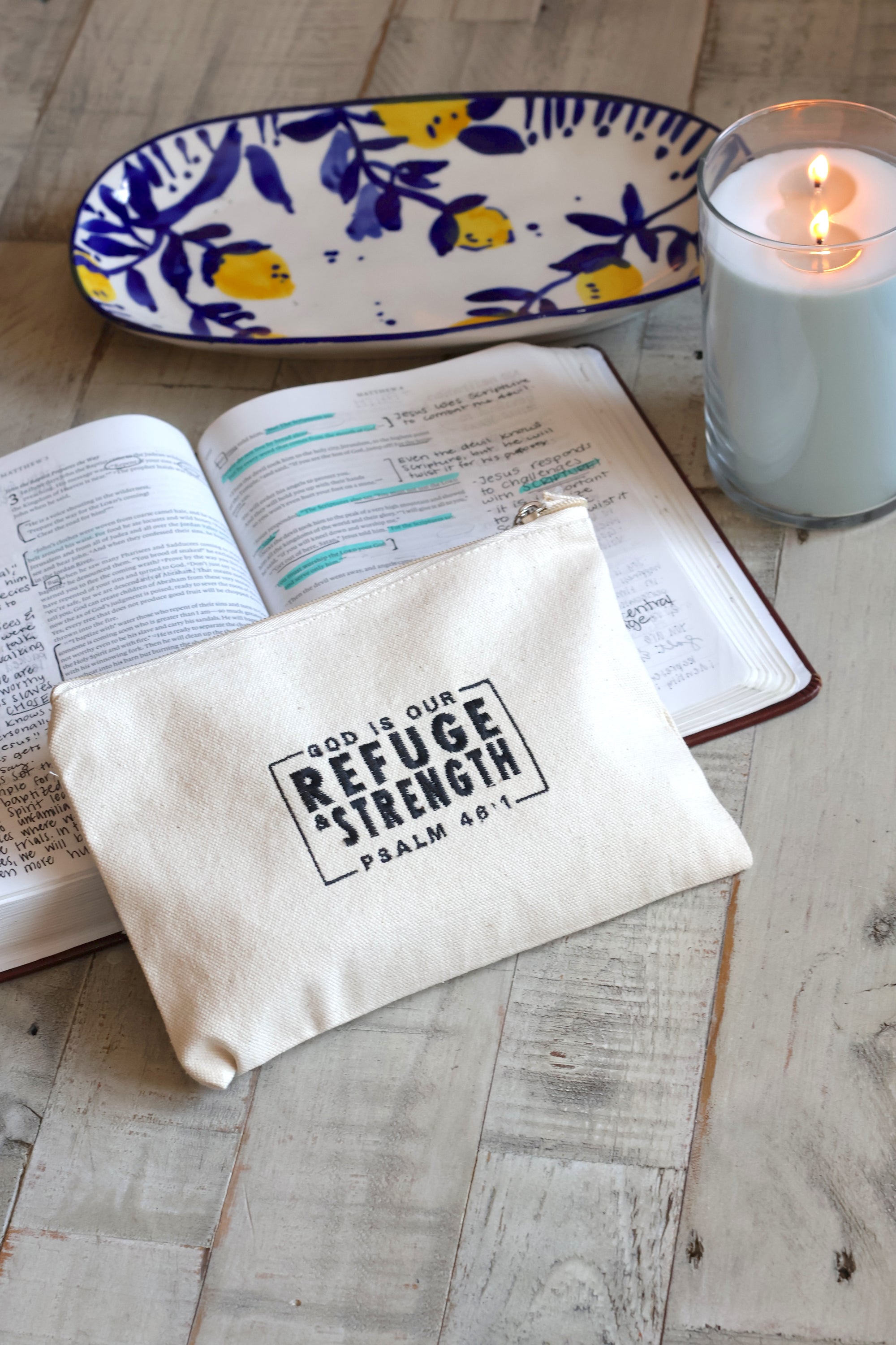 "God is our Refuge & Strength" Psalm 46 Zippered Canvas Pouch