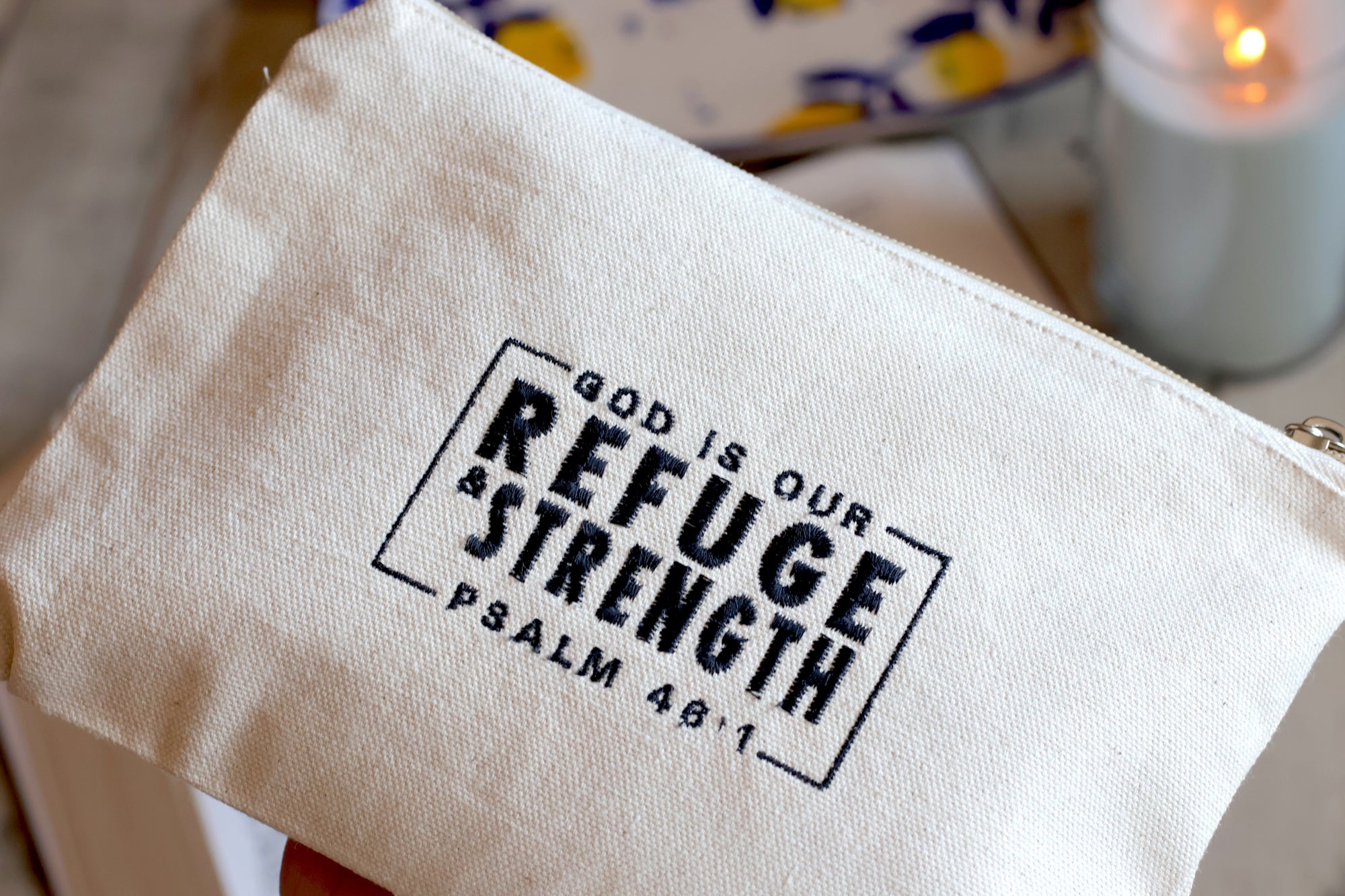 "God is our Refuge & Strength" Psalm 46 Zippered Canvas Pouch