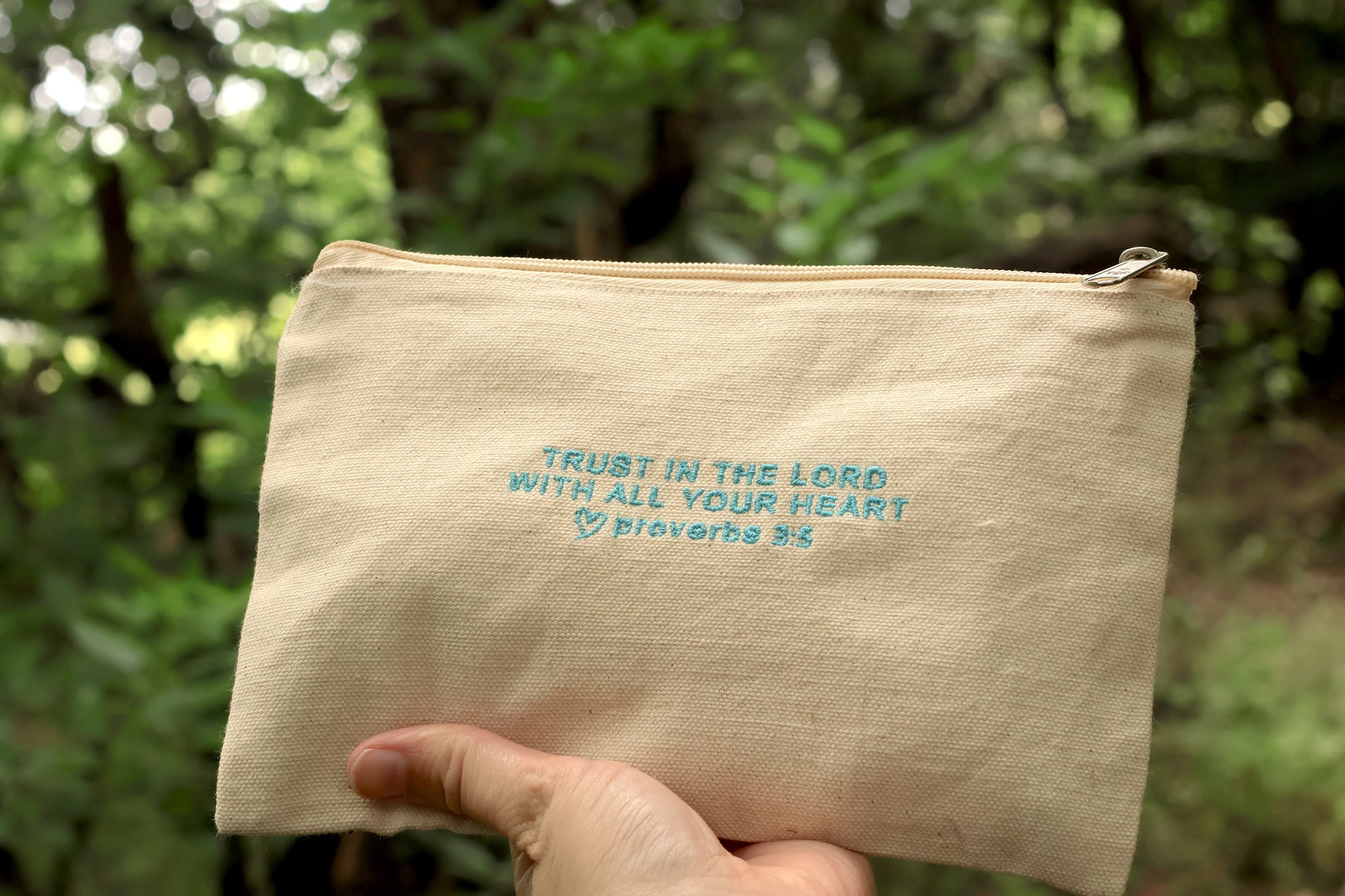 Proverbs 3:5 Canvas Zipper Pouch - Sky Blue Embroidery
