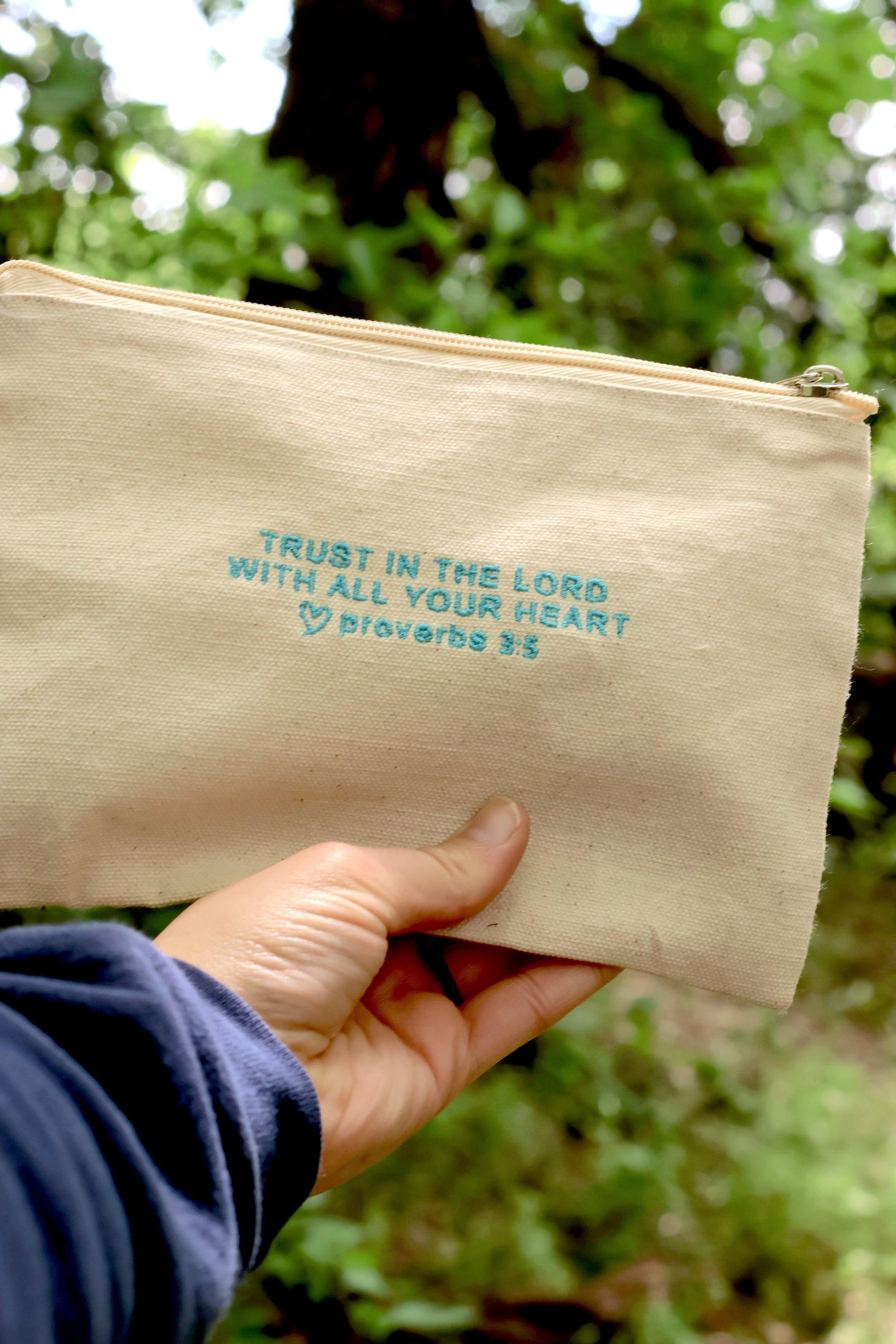 Proverbs 3:5 Canvas Zipper Pouch - Sky Blue Embroidery