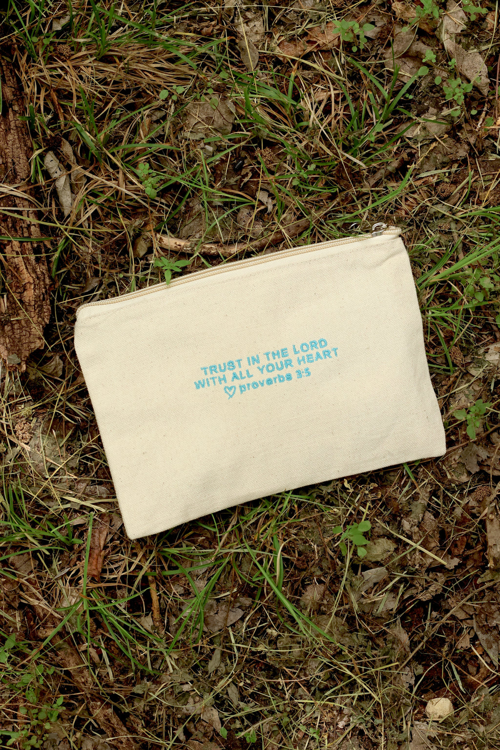 Proverbs 3:5 Canvas Zipper Pouch - Sky Blue Embroidery