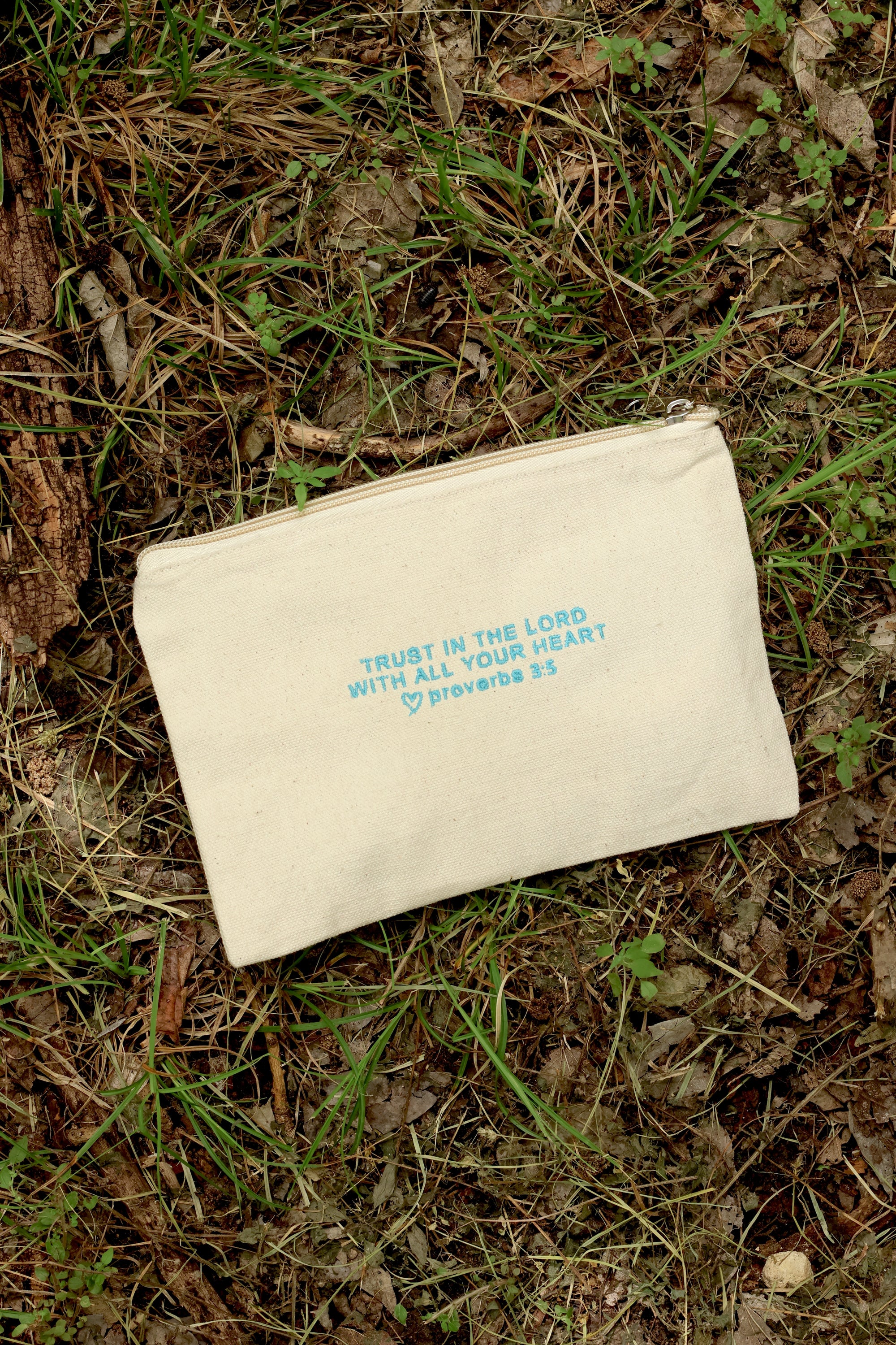 Proverbs 3:5 Canvas Zipper Pouch - Sky Blue Embroidery
