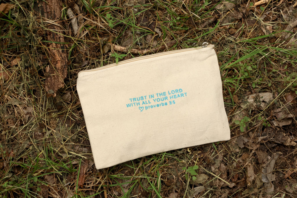 Proverbs 3:5 Canvas Zipper Pouch - Sky Blue Embroidery