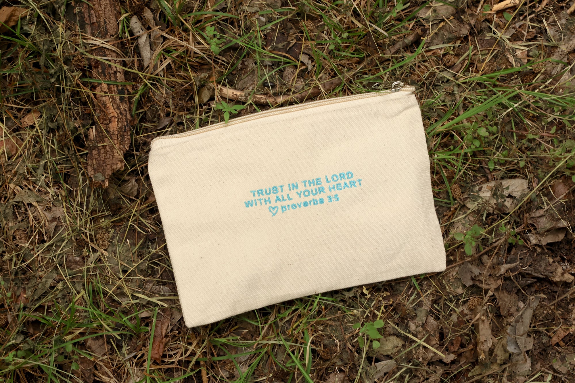 Proverbs 3:5 Canvas Zipper Pouch - Sky Blue Embroidery
