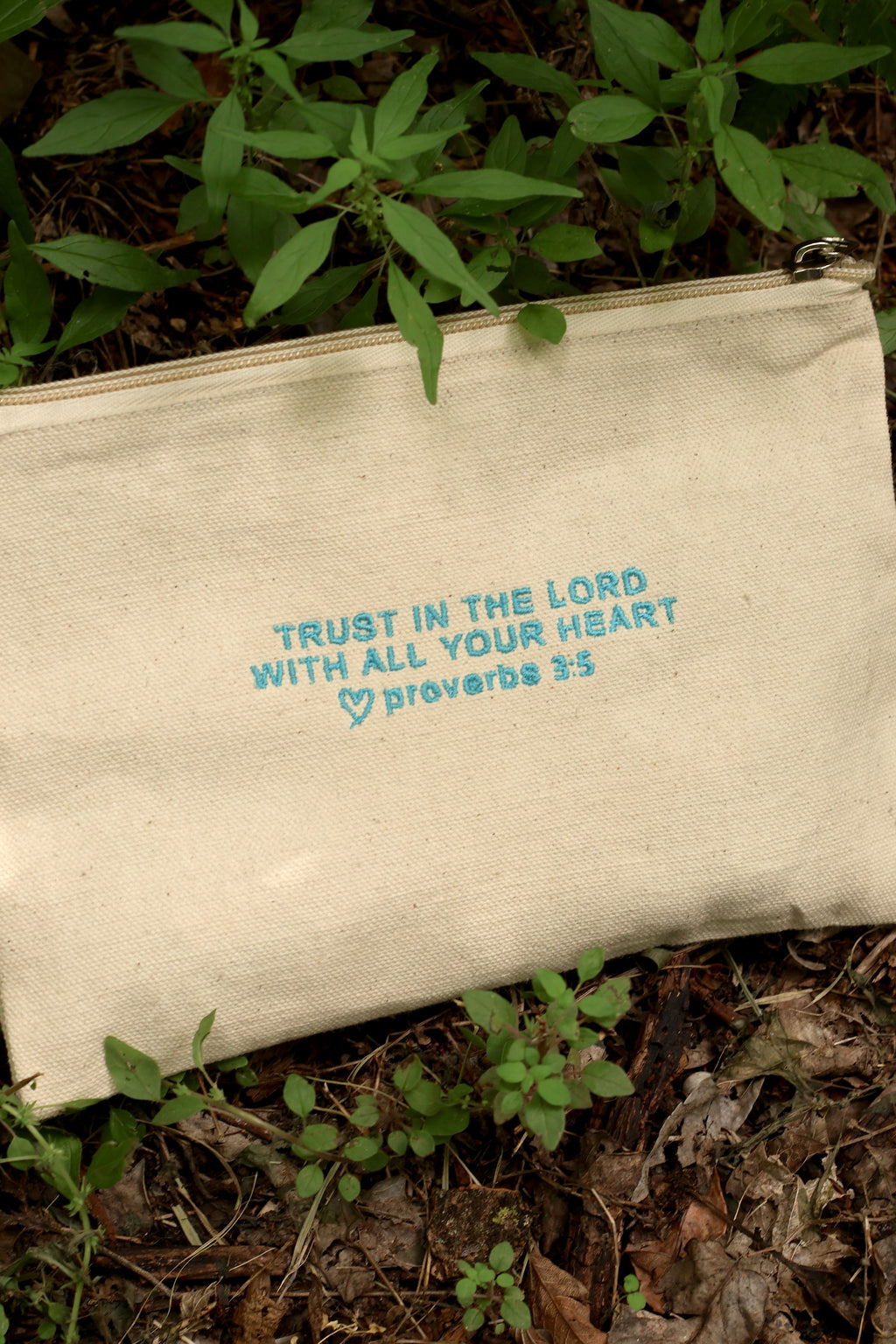 Proverbs 3:5 Canvas Zipper Pouch - Sky Blue Embroidery