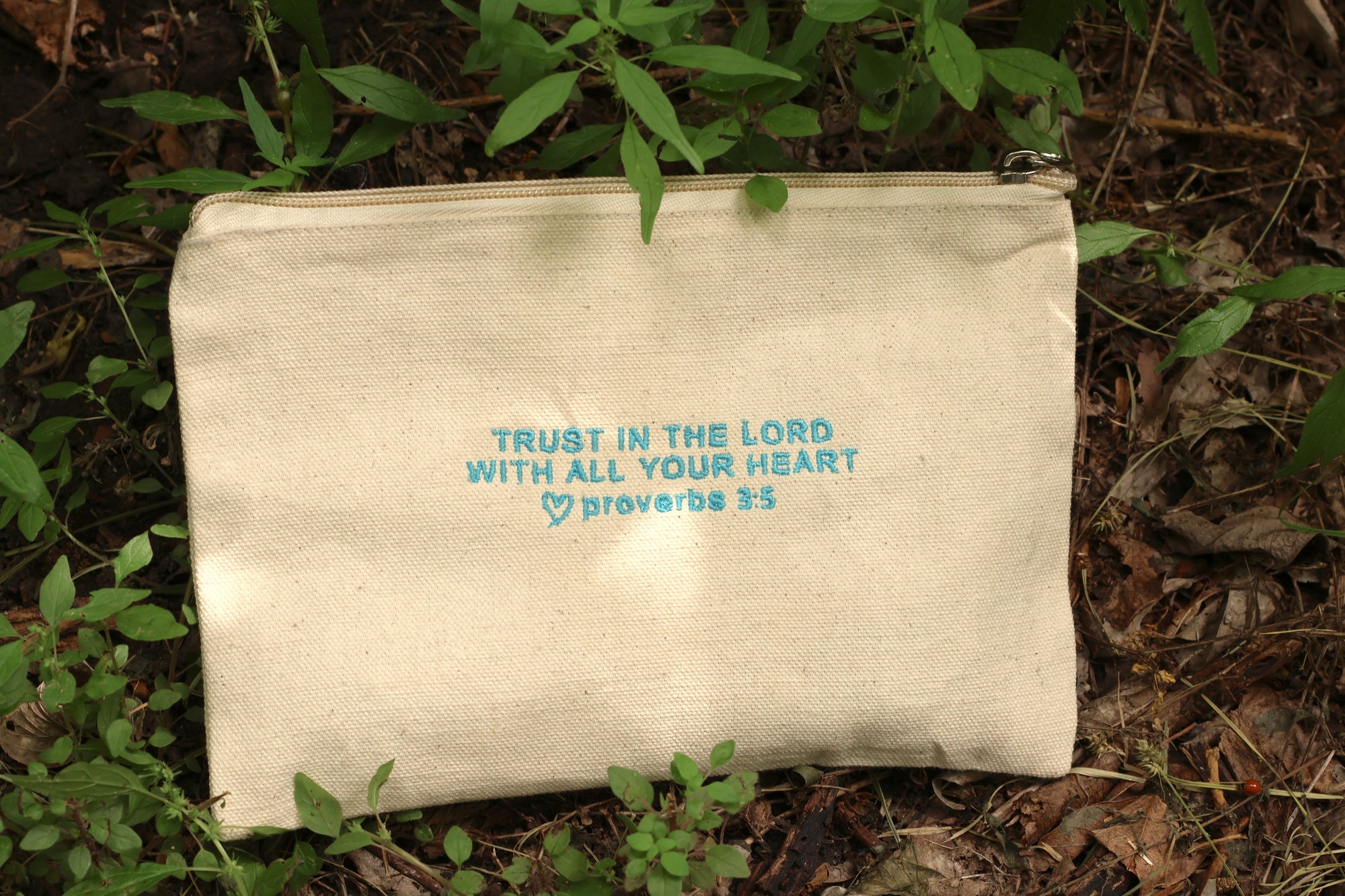 Proverbs 3:5 Canvas Zipper Pouch - Sky Blue Embroidery