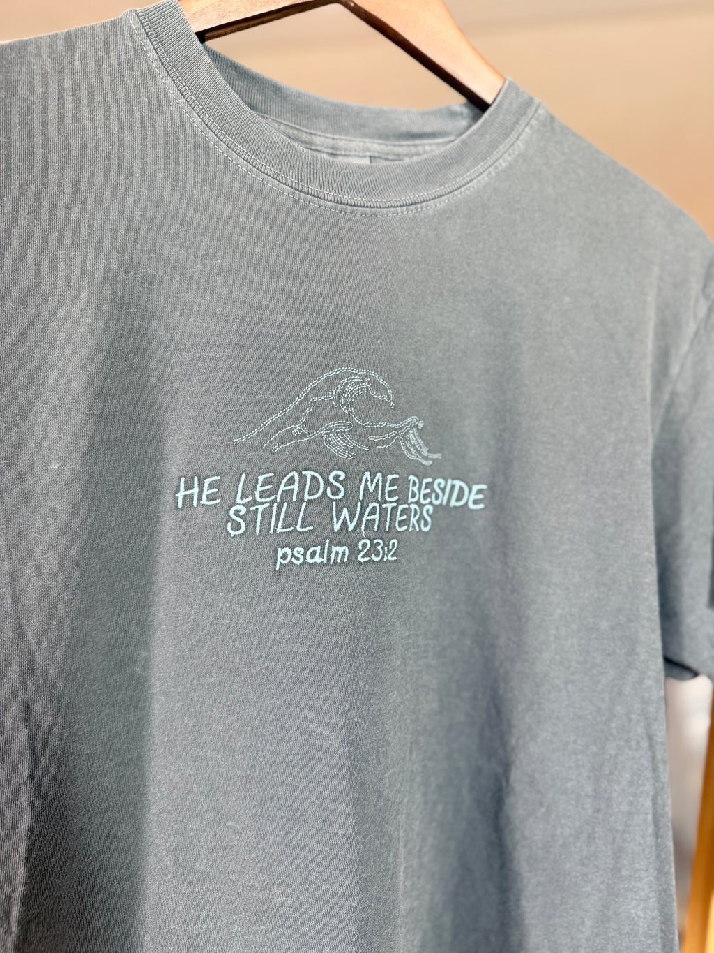 "He Leads Me Beside Still Waters" Comfort Colors T-Shirt | Pepper