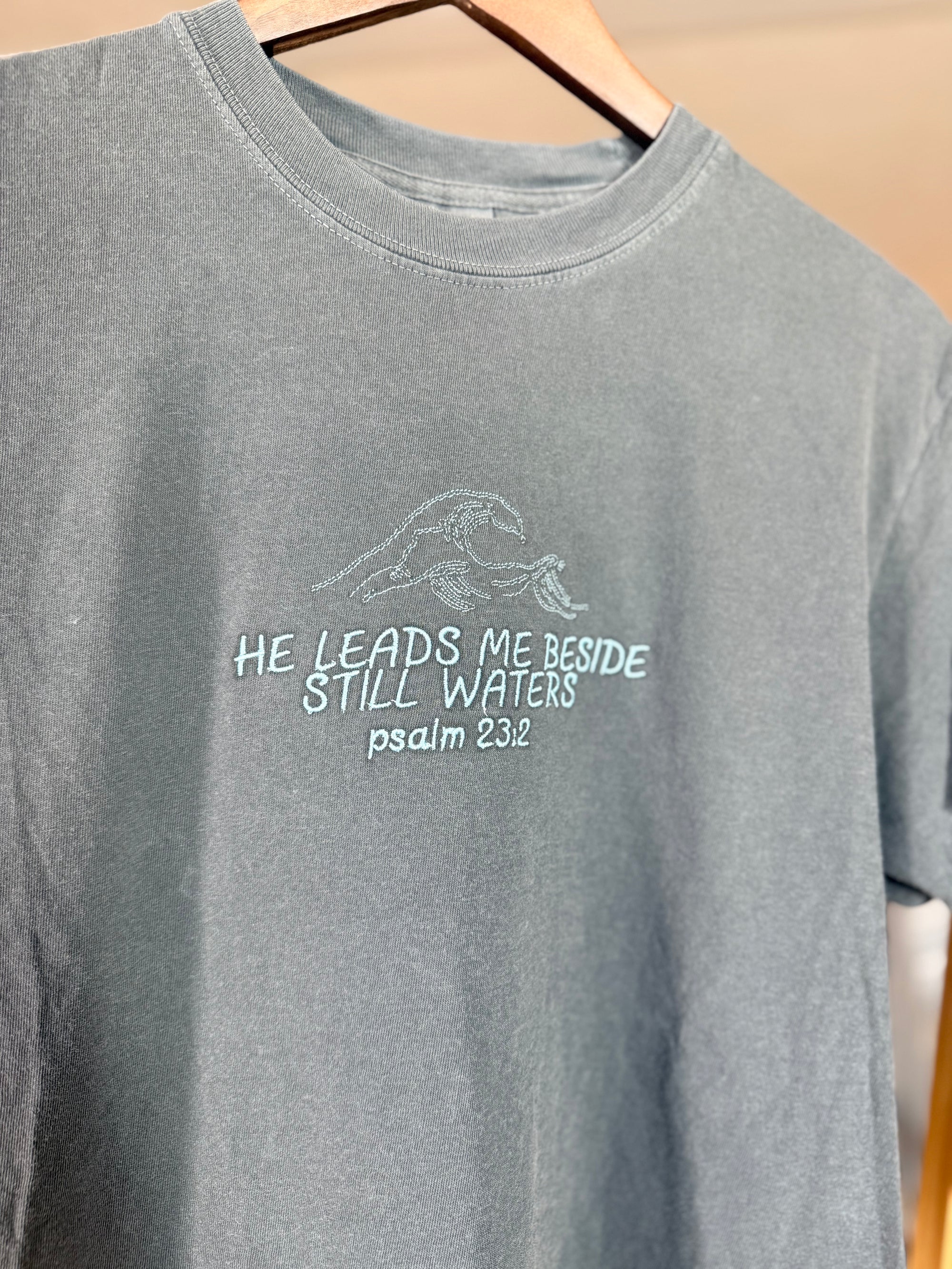 "He Leads Me Beside Still Waters" Comfort Colors T-Shirt | Pepper