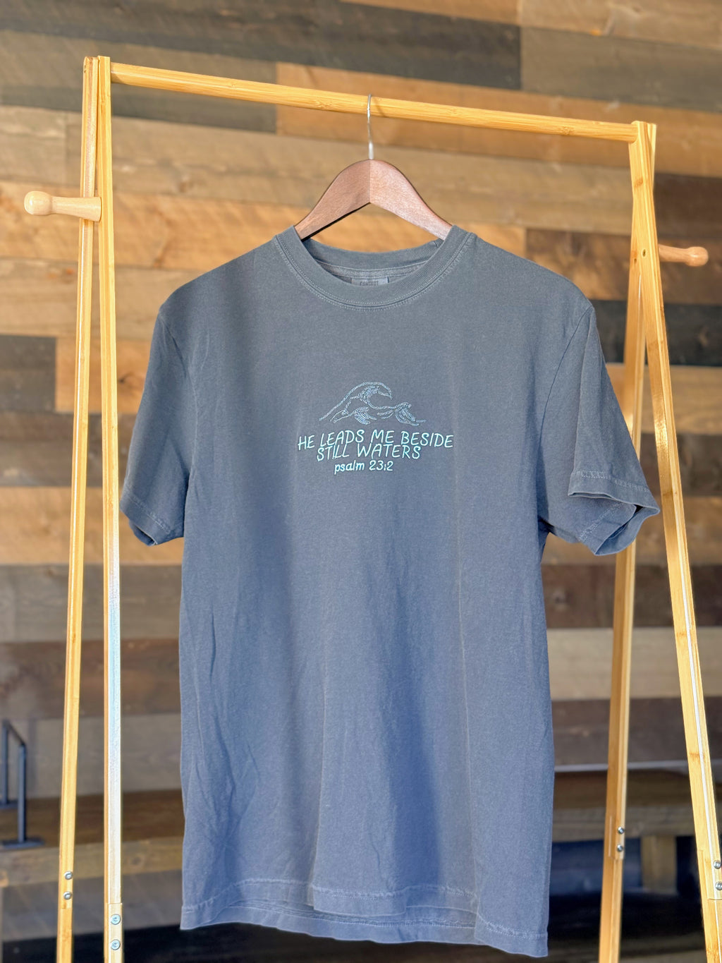 "He Leads Me Beside Still Waters" Comfort Colors T-Shirt | Pepper