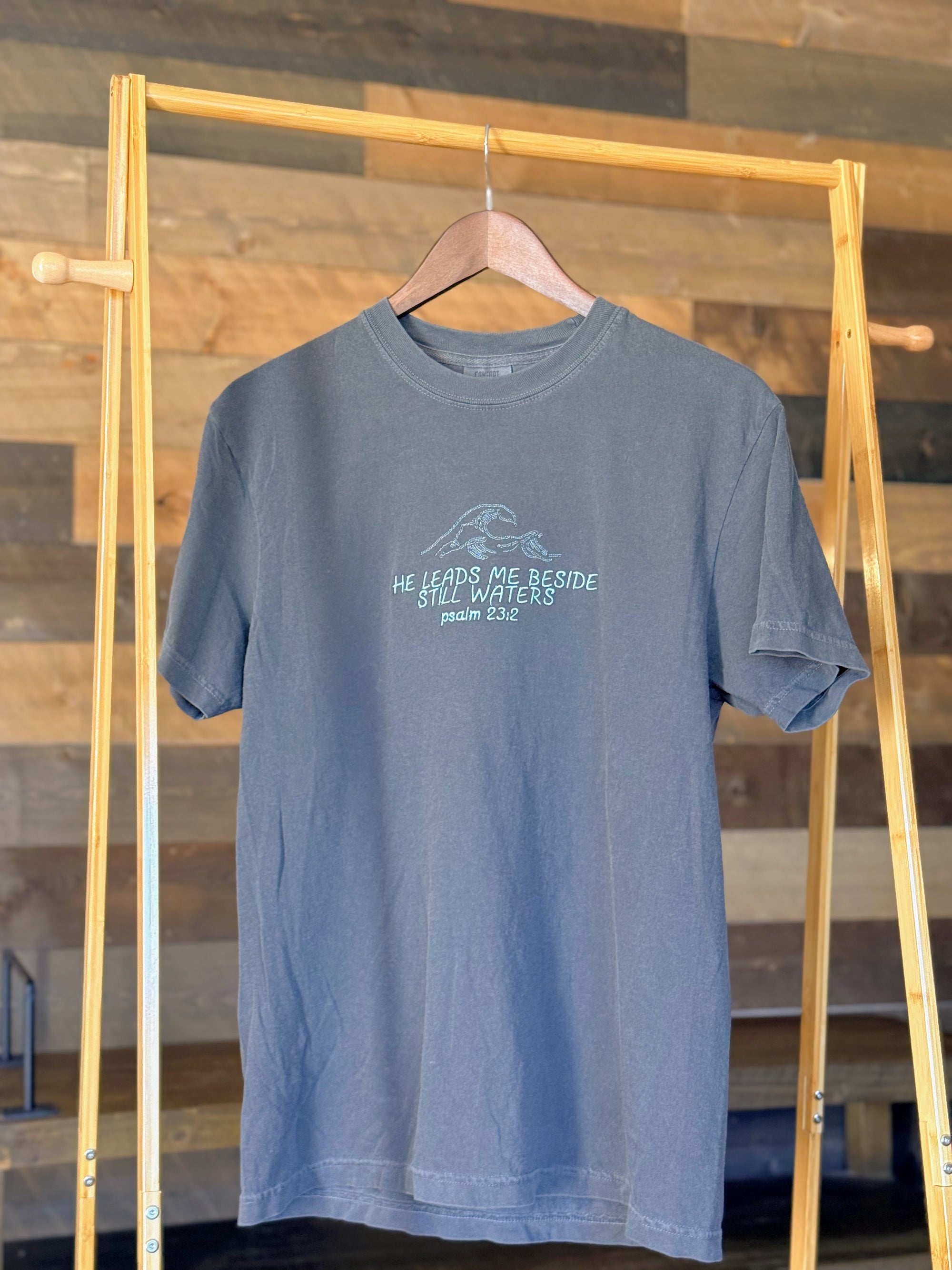 "He Leads Me Beside Still Waters" Comfort Colors T-Shirt | Pepper