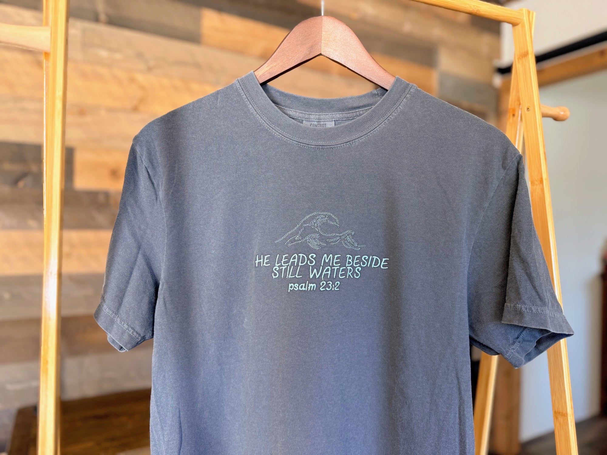 "He Leads Me Beside Still Waters" Comfort Colors T-Shirt | Pepper