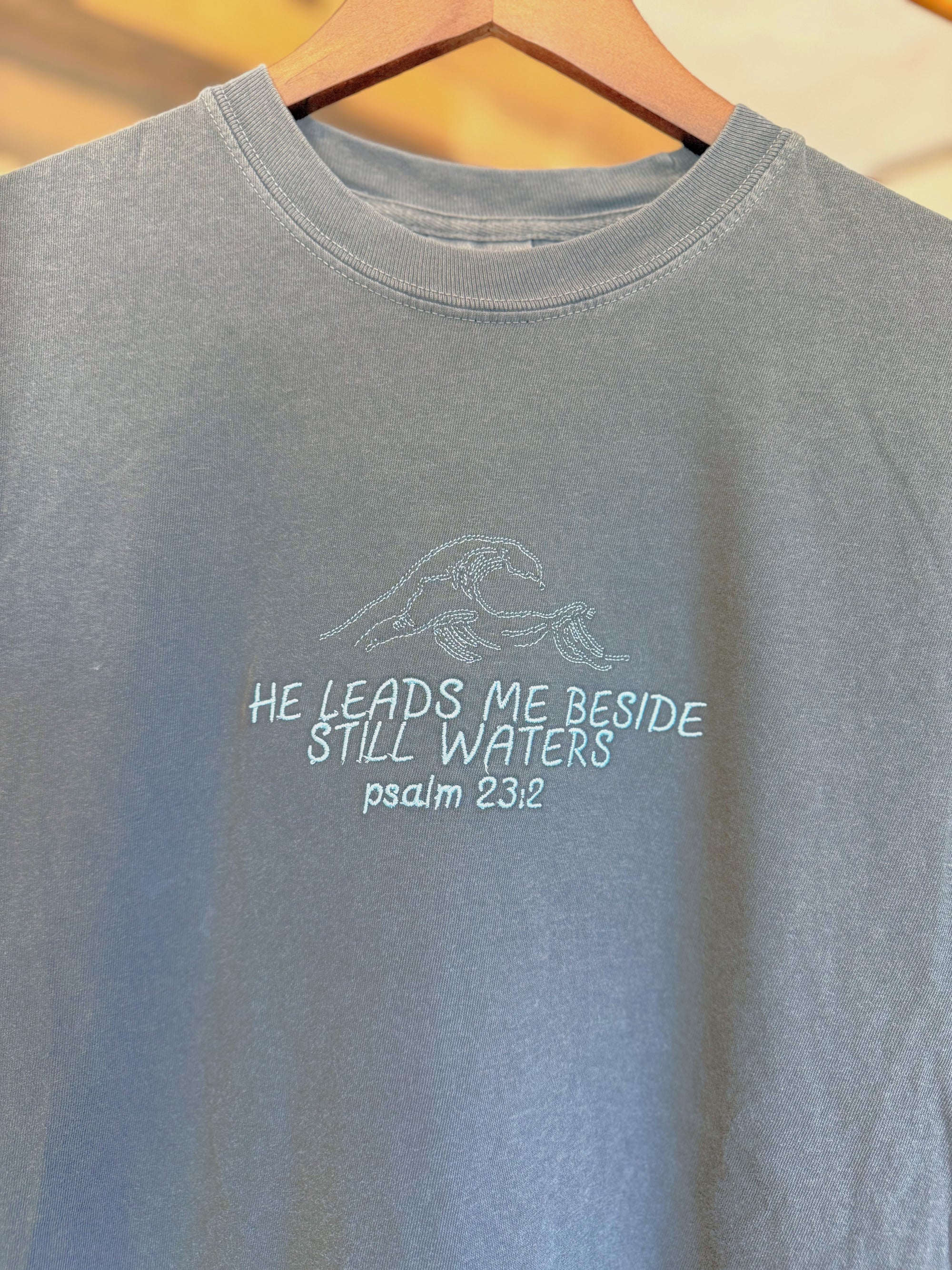 "He Leads Me Beside Still Waters" Comfort Colors T-Shirt | Pepper