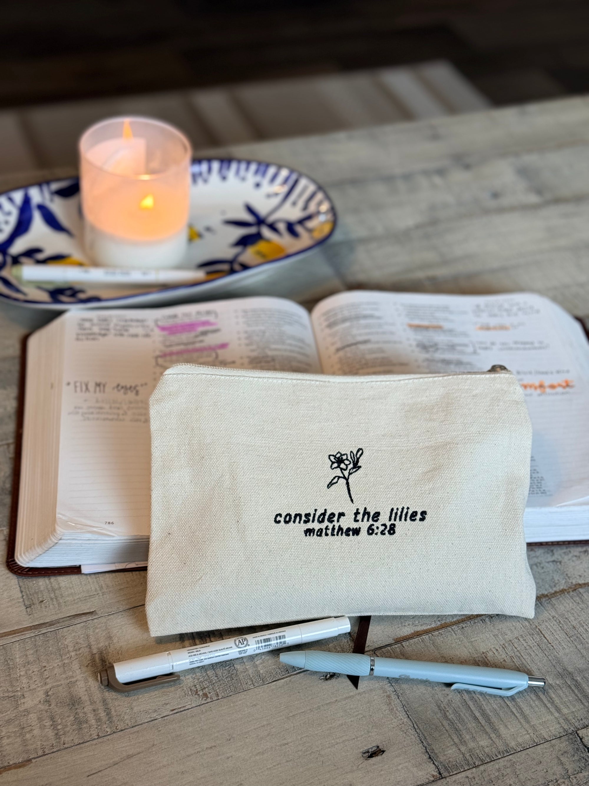 Consider the Lilies Zippered Canvas Pouch