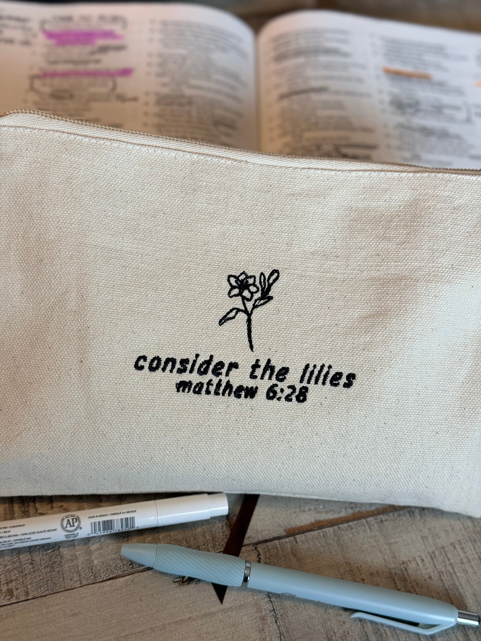 Consider the Lilies Zippered Canvas Pouch