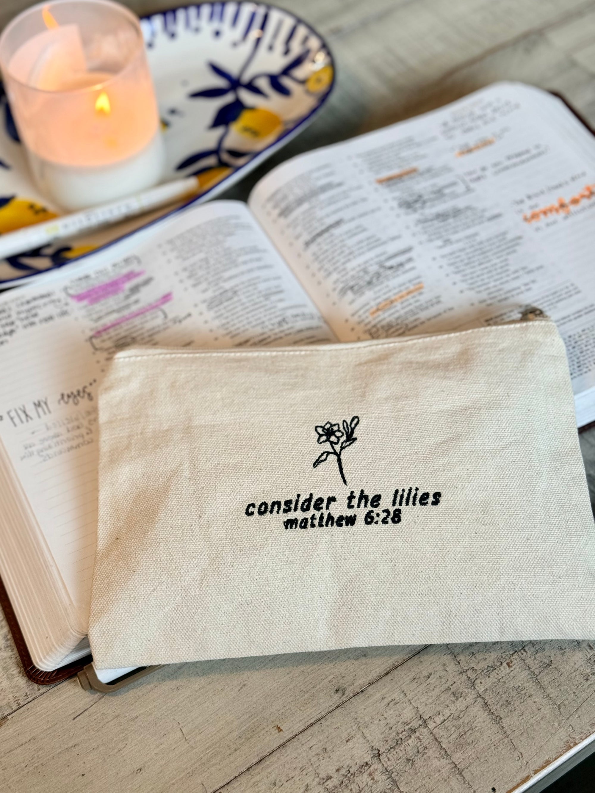 Consider the Lilies Zippered Canvas Pouch