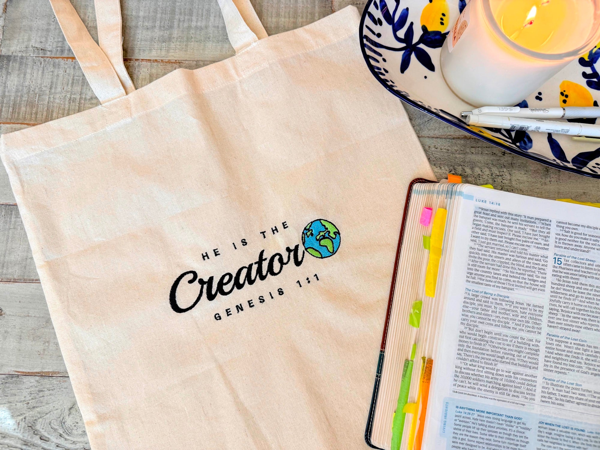 He Is the Creator embroidered tote bag Genesis 1:1 Christian canvas tote