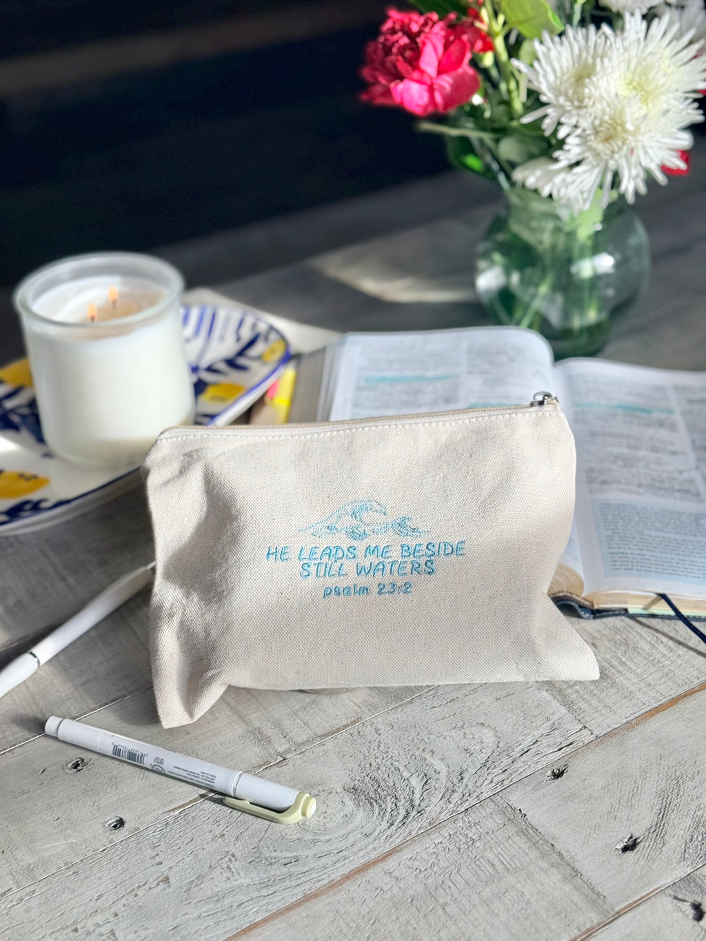 "He Leads Me Beside Still Waters" Zippered Canvas Pouch