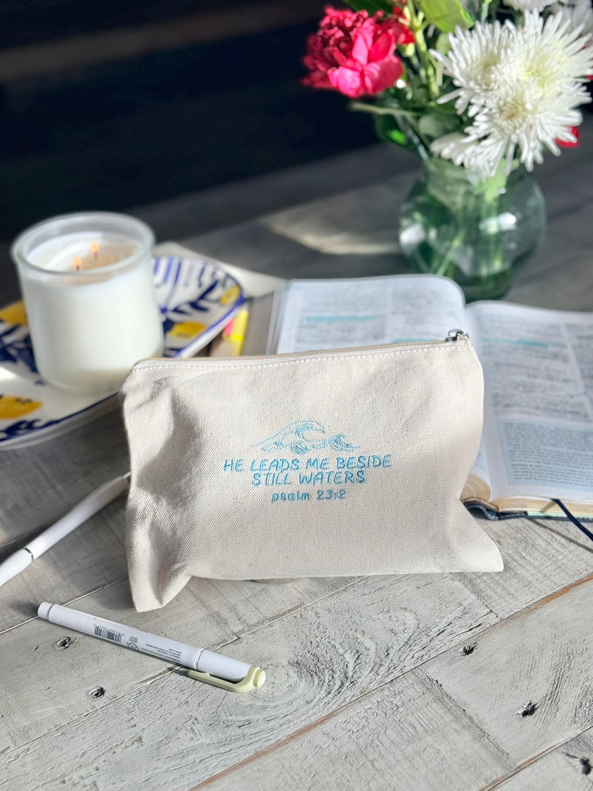 "He Leads Me Beside Still Waters" Zippered Canvas Pouch