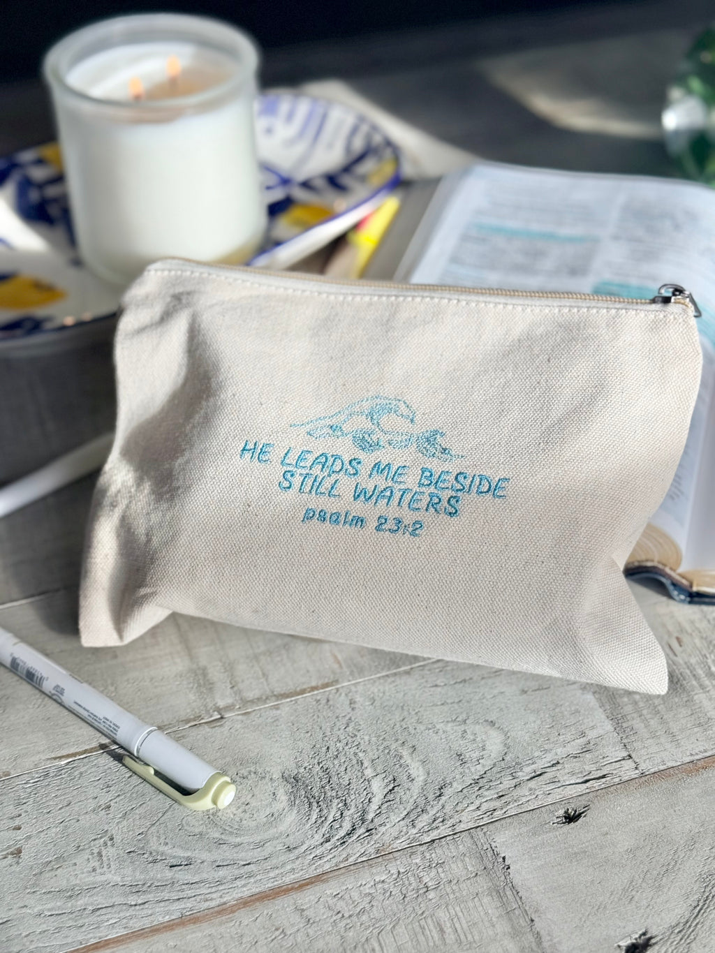 "He Leads Me Beside Still Waters" Zippered Canvas Pouch