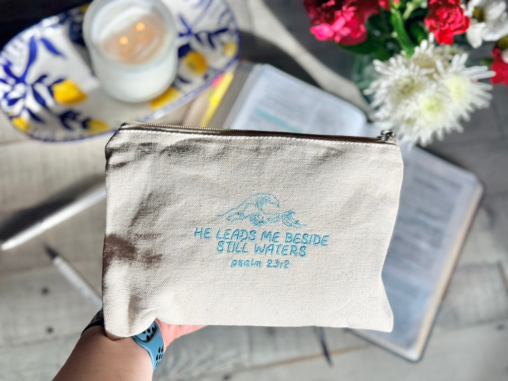 "He Leads Me Beside Still Waters" Zippered Canvas Pouch